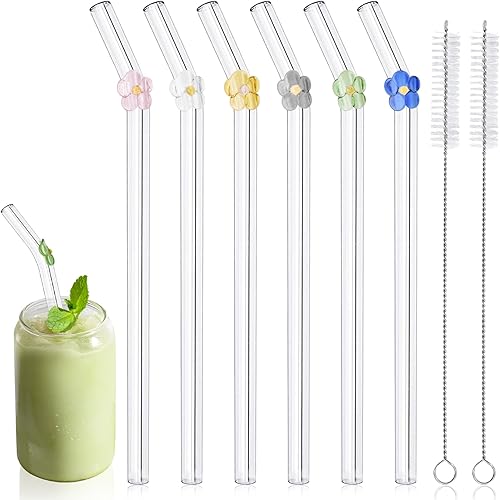 6 Pcs Glass Straws with Charms, 8.3''x10MM Cute Flower Glass Straws Shatter Resistant, Clear Reusable Straws Dishwasher Safe for Smoothies,