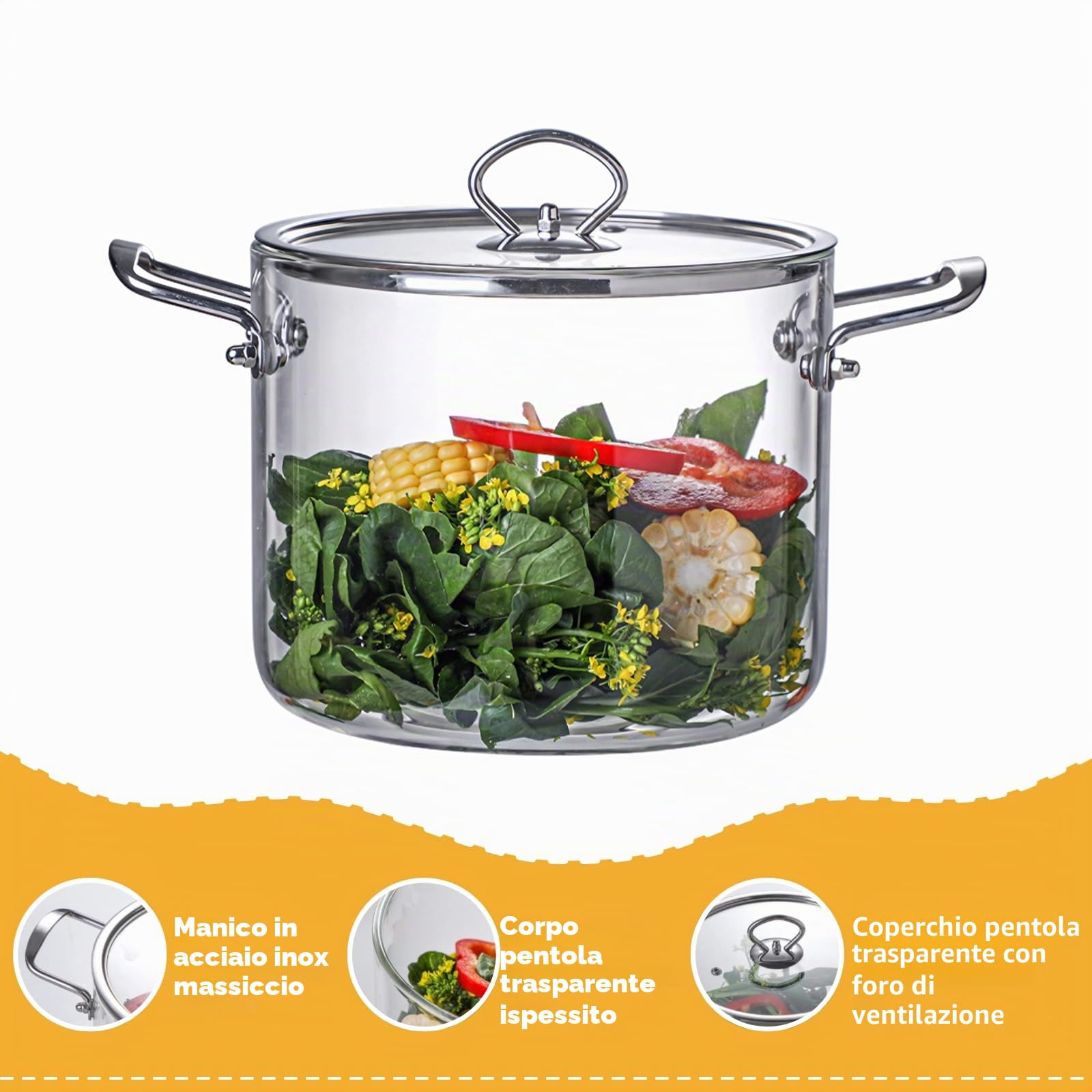 Pentola in vetro da 4,5 litri con coperchio, pentola in vetro resistente al calore con doppi manici in acciaio inox, pentole universali in vetros per pasta, zuppa, latte (4,5 L)