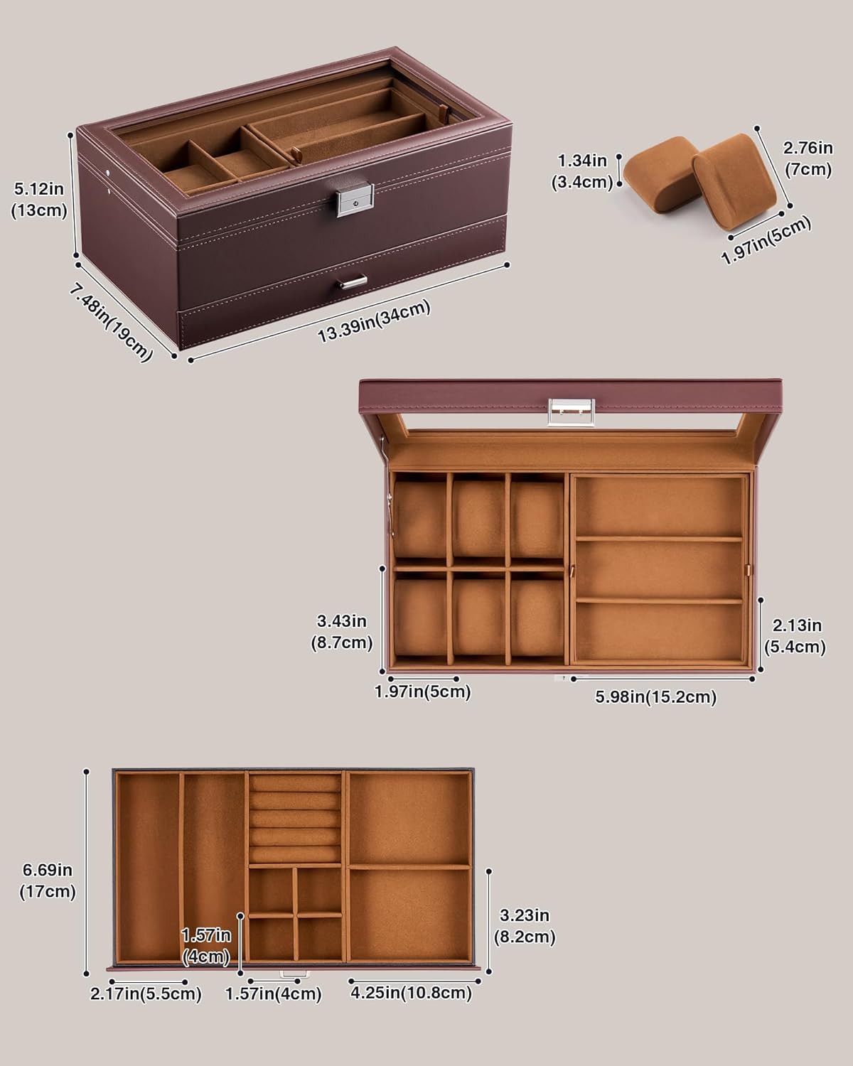 ProCase Mens Jewelry Box, Lockable 6 Slot Watch Case & 3 Slot Sunglasses Organizer, 2-layer Mens Jewelry Organizer Watch Box for Men, Watches Holder Display Storage Valentine Birthday Gifts -Brown