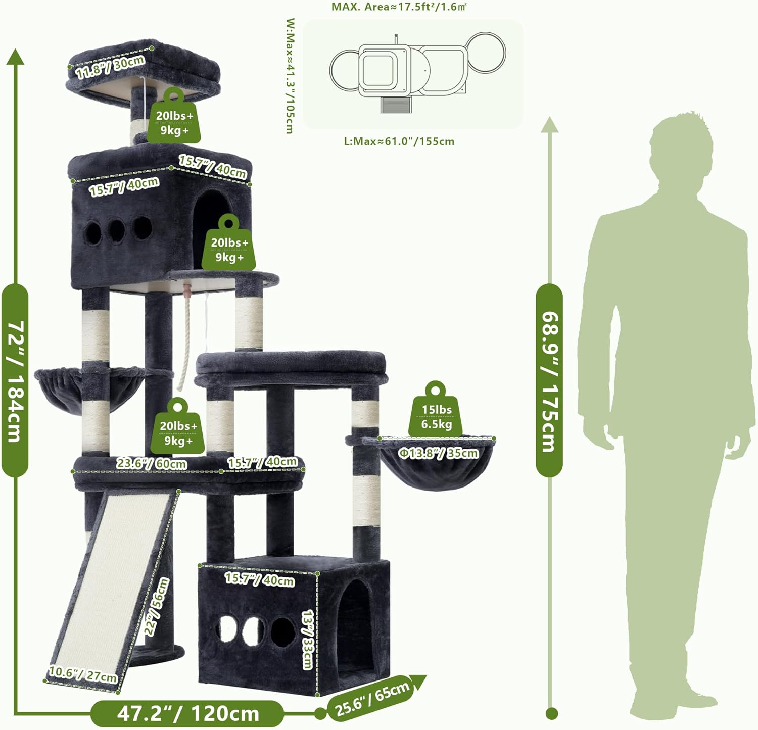 Heybly Cat Tree, 72.4-Inch Anti-Tip Cat Tower for Large Cats, All-in-One Cat Furniture with Spacious Perches, Multiple Interactive Areas, Extra-Large Sisal Scratching Board, Smoky Gray HCT060G