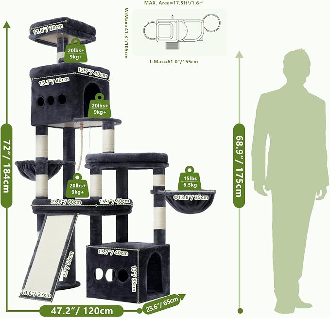Heybly Cat Tree, 72.4-Inch Anti-Tip Cat Tower for Large Cats miniatura 5