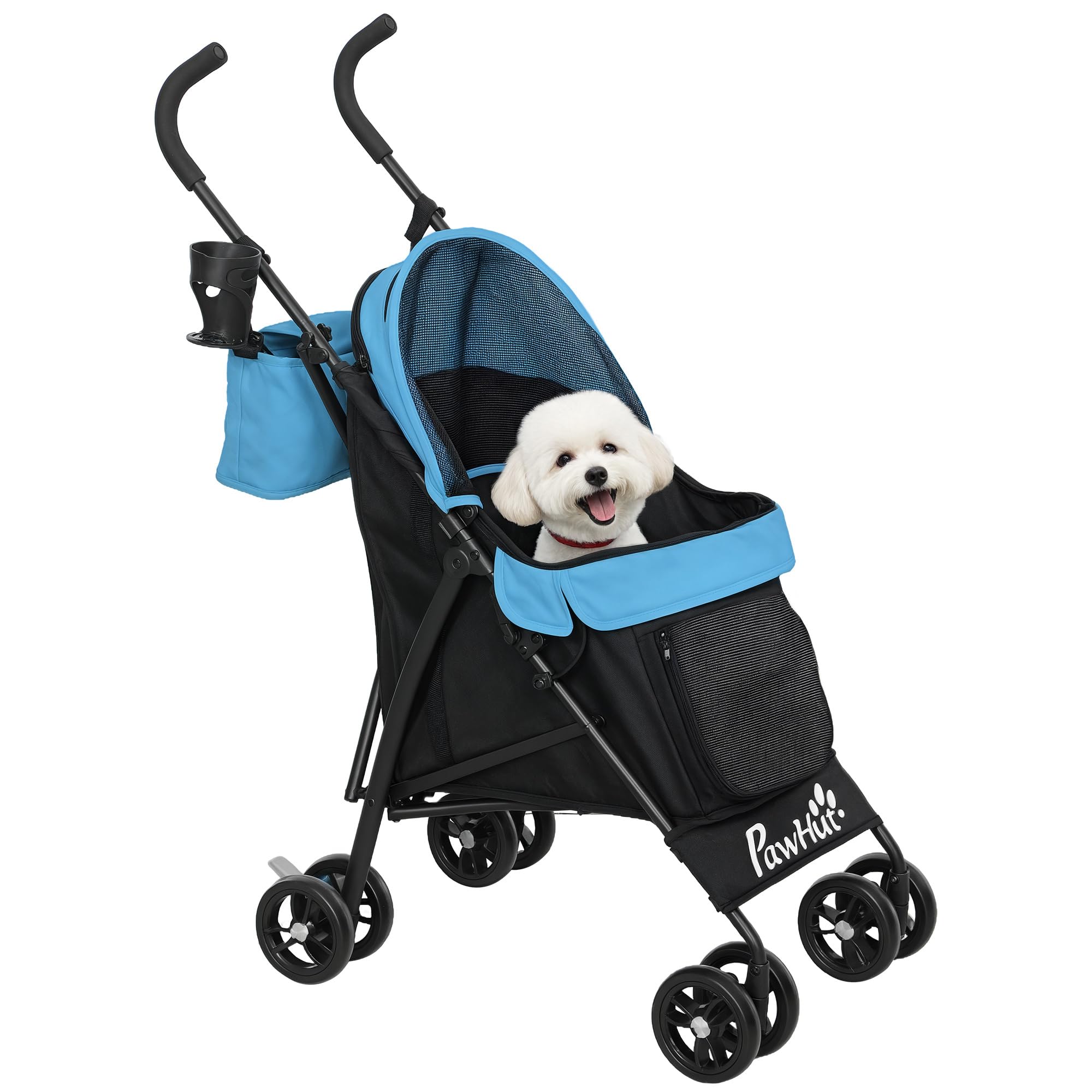 PawHut Cochecito para Perros Pequeños con Estructura de Paraguas Carrito para Perros Plegable con Cojín Lavable Portavaso Ventanas de Malla y Bolsa de Almacenamiento 76x44x103 cm Azul