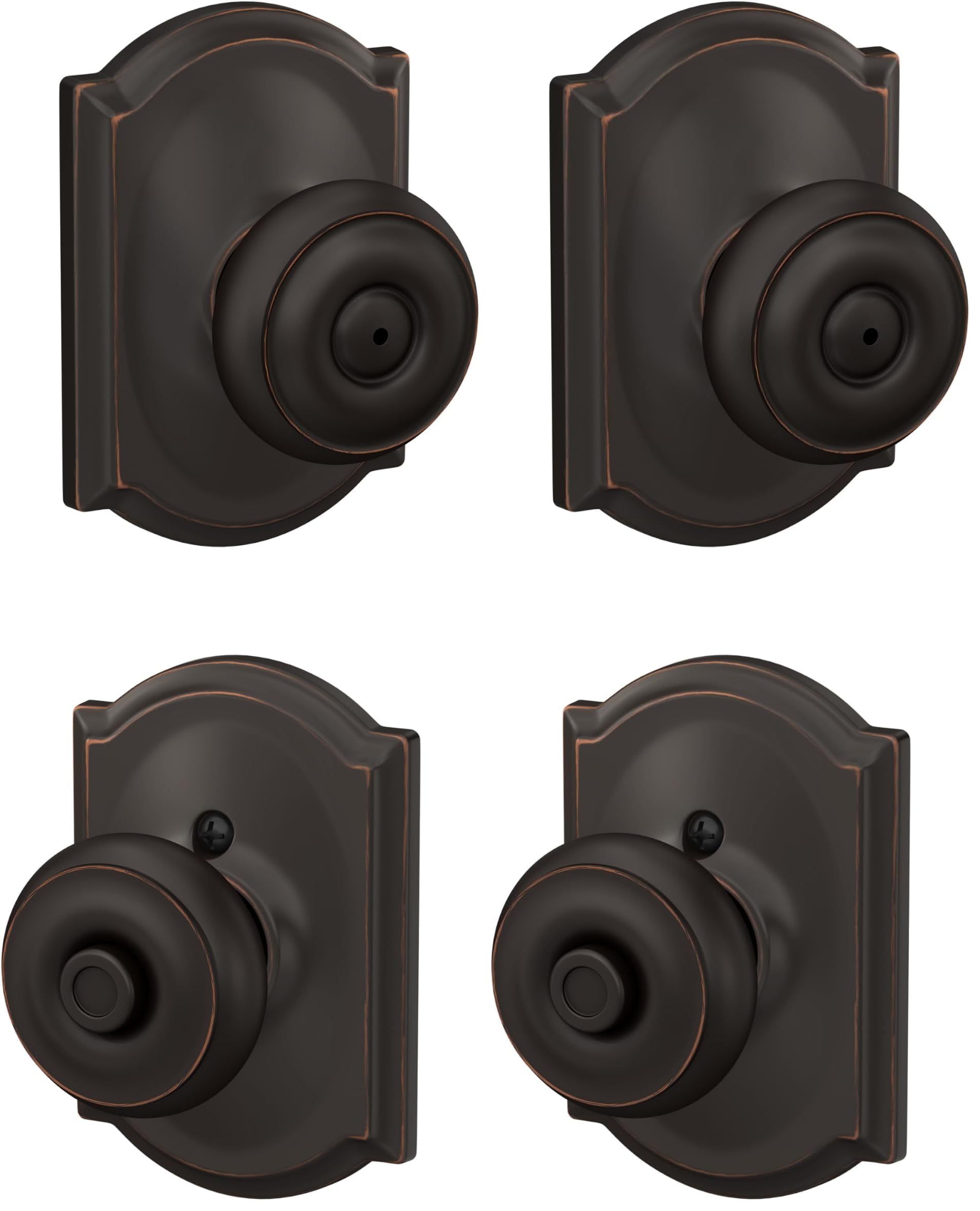SCHLAGE F40 GEO 716 CAM Georgian Door Knob with Camelot Trim, Bed &amp; Bath Privacy Lock, Aged Bronze (Pack of 2)