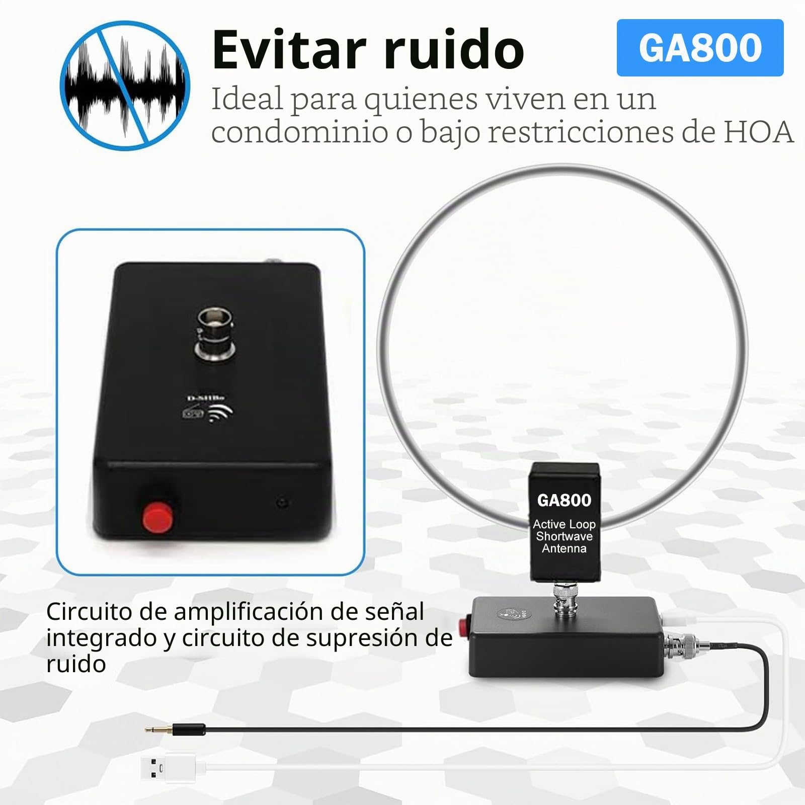 AURSINC GA800 Antena de bucle, antena de radio de onda corta activa con cable BNC 10 KHz-159 MHz HF para radioafición (sintonización gratuita)