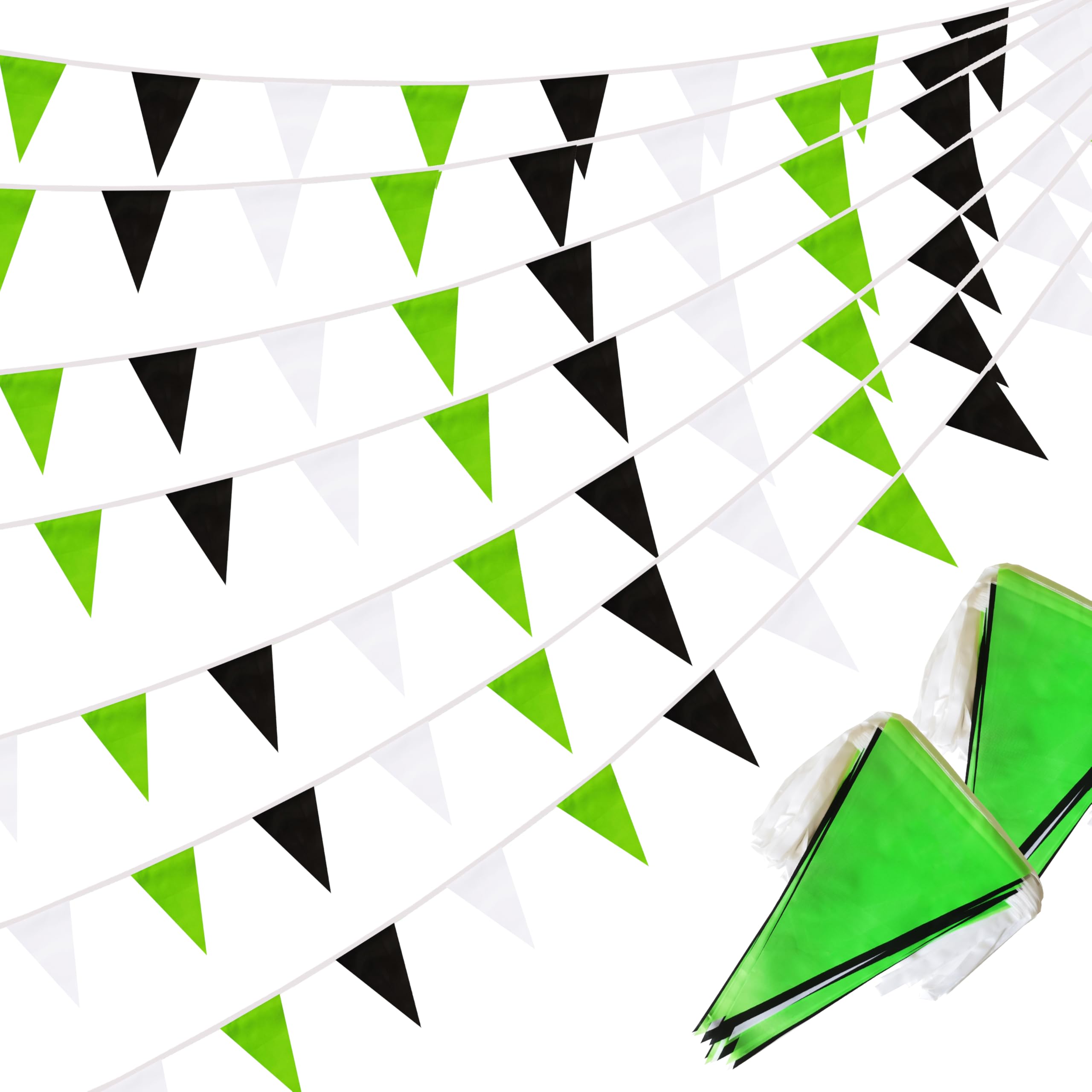 100 Ft Green Black and White String Flags Pennant Banner,Hanging DIY Triangle Bunting Flags Blank Banners for Grand Opening,60 Pack
