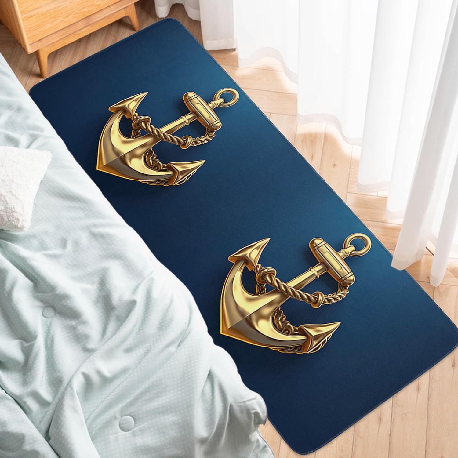 Indoor Door Mat,Nautical Gold Gradient Anchor on Navy Blue Soft Non-Slip Absorbent Kitchen Rug,Ocean Navigation Theme Floor Mat Entrance Rugs for Bedroom Living Room 20x63In