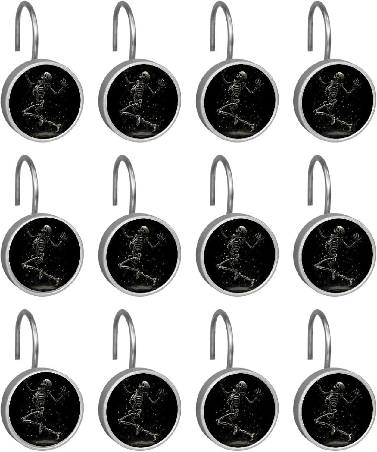Dancing Skeleton Black Round Crystal Glass Decorative Shower Curtain Hooks with 3D Pattern Visual, Rust Proof Shower Curtain Rings-12 Pack