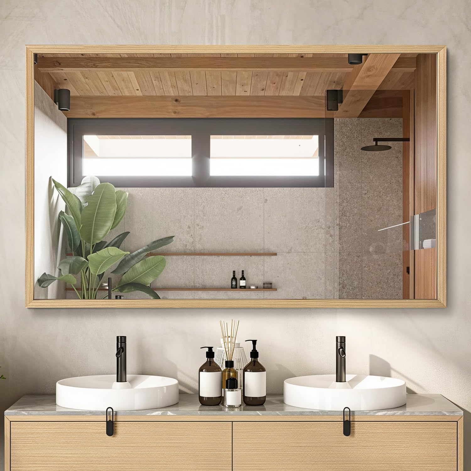 TheiaMo 48"x30" Bathroom Mirror with Natural Wood Frame for Wall, Large Rectangle Vanity Mirror Rustic Farmhouse Decor Mirror, Anti-Rust