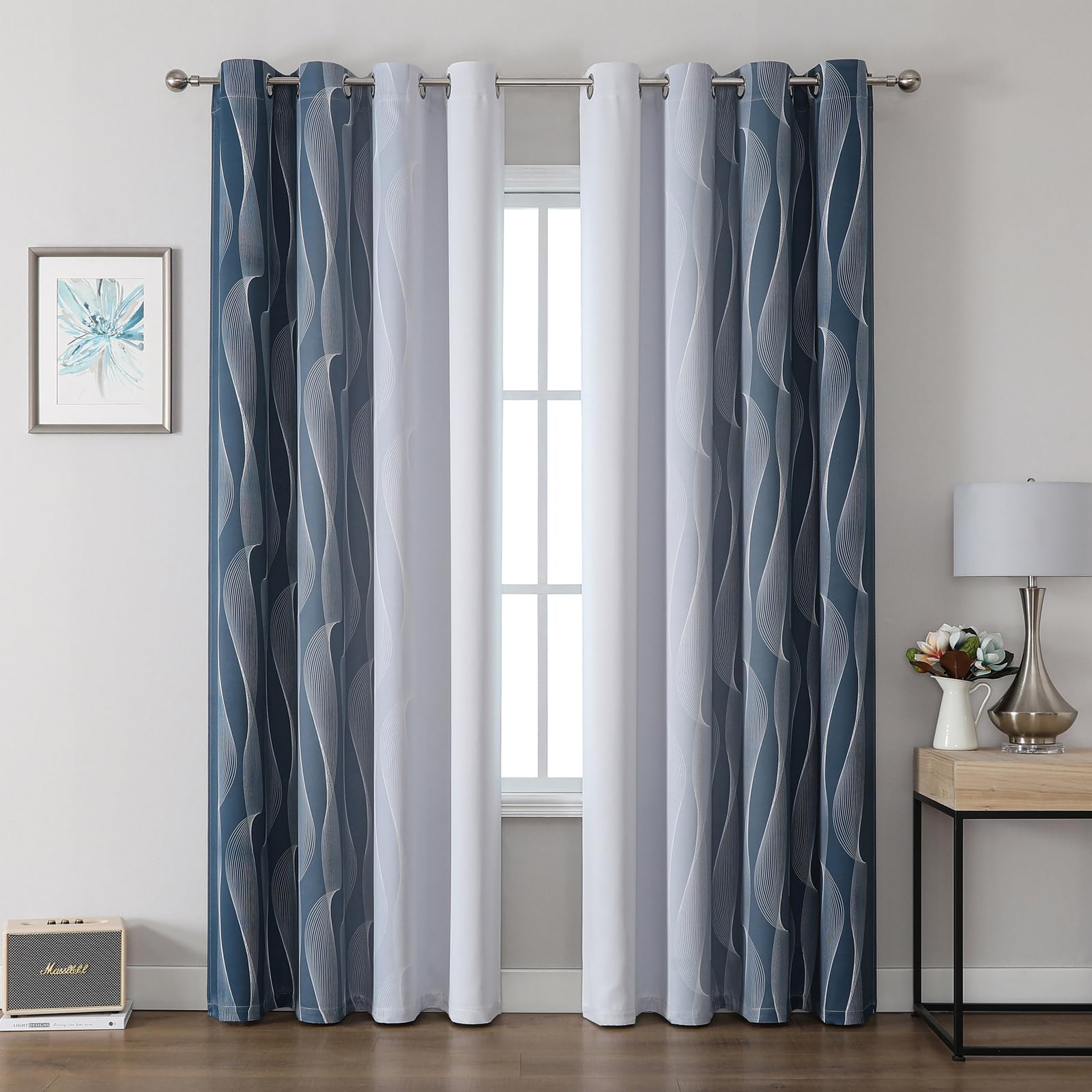 Gazal Vole Ombre Room Darkening Curtains – Modern Gradient Eyelet Drapes with Wave Line Pattern, 80-90% Darken Light Window Treatment for Living Room Bedroom & Office (Blue+White) 55x96 inch — image 1