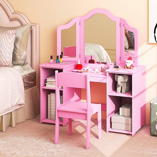 Miniatura 9 de Costzon Vanity - Tocador de maquillaje de princesa 2 en 1 con parte superior desmontable, tocador para niños pequeños con espejo triple y estantes