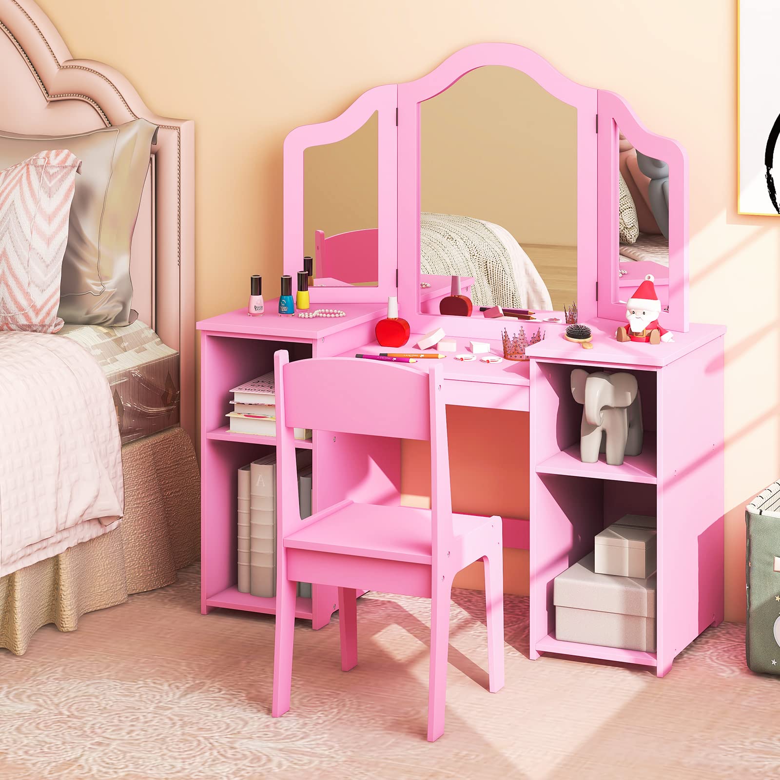 LIFEZEAL Tocador 2 en 1 para niña con Taburete 3+ años, Juego de tocador Infantil, Mesa de Maquillaje con 4 Compartimentos, Escritorio Infantil de Madera con Espejo extraíble y Plegable (Rosa)