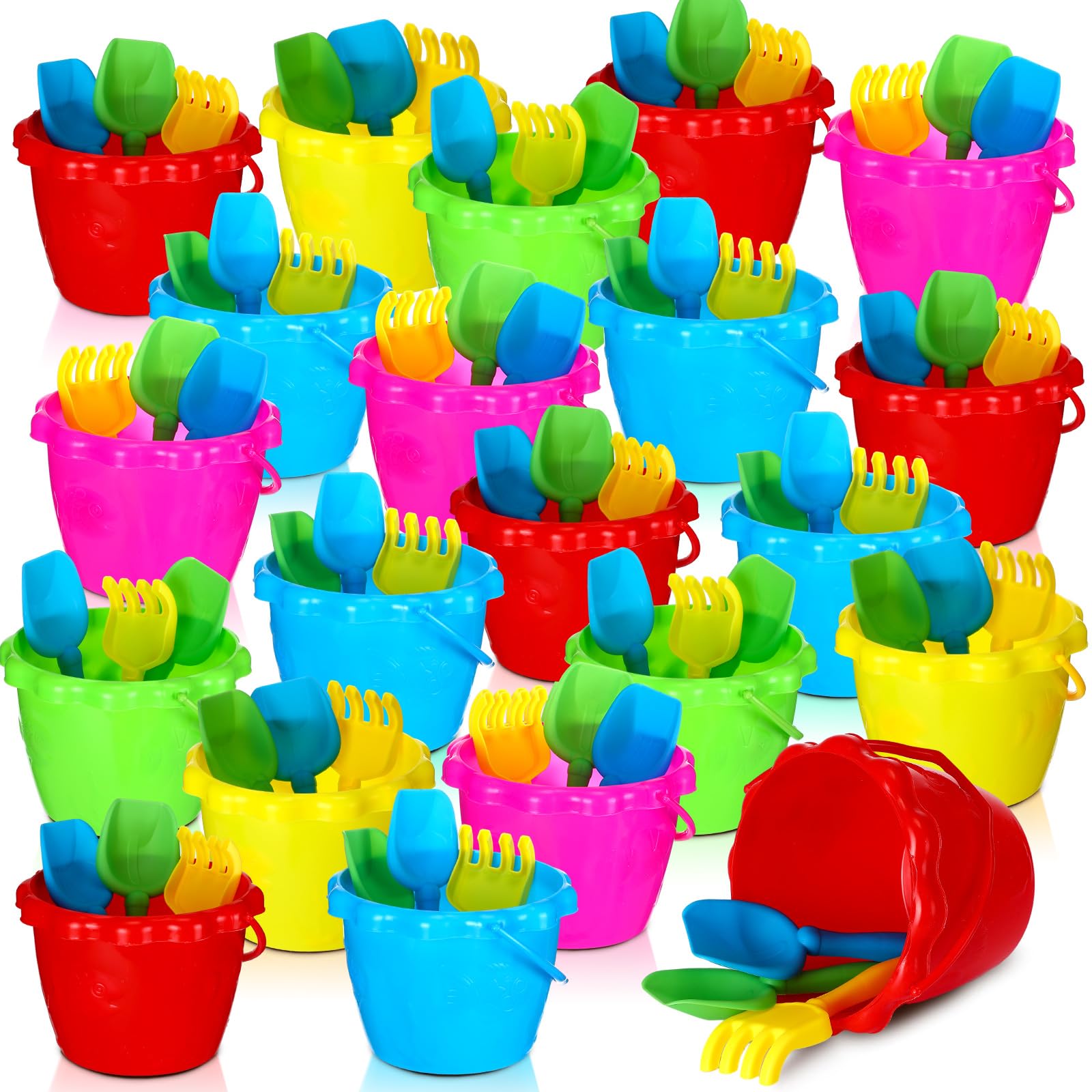 Lenwen 24 Packs 6.3" Beach Sand Buckets Shovels and Rakes Set for Kids Summer Beach Toys Pool Party Favors Accessories Easter Basket Stuffer(Stylish)