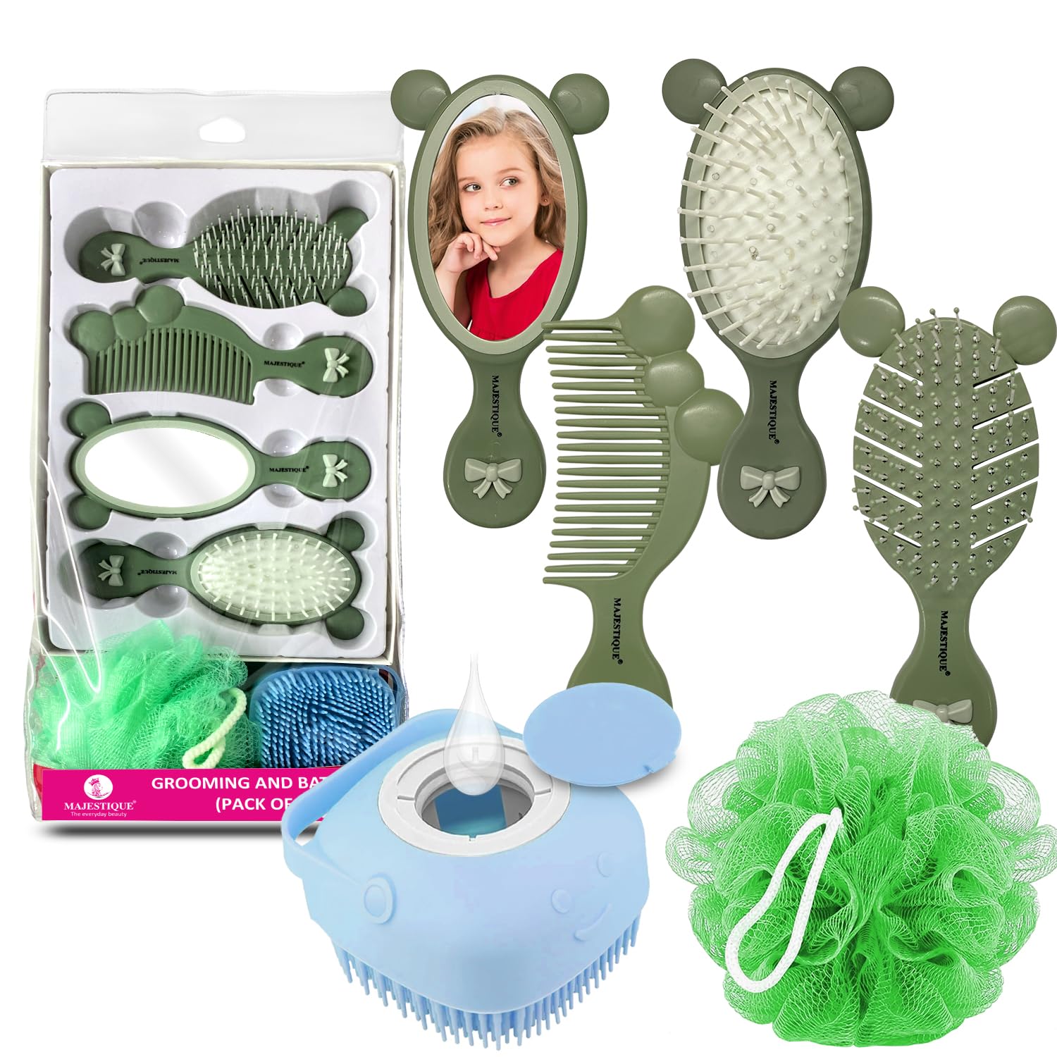 MAJESTIQUE Essential Baby Grooming Kit | Hair Brush, Comb, Face Mirror, Soft Loofah with Silicon Bathing Shampoo Dispenser, Suitable for Kids, Infants & Toddlers - (Pack of 6)-image-33