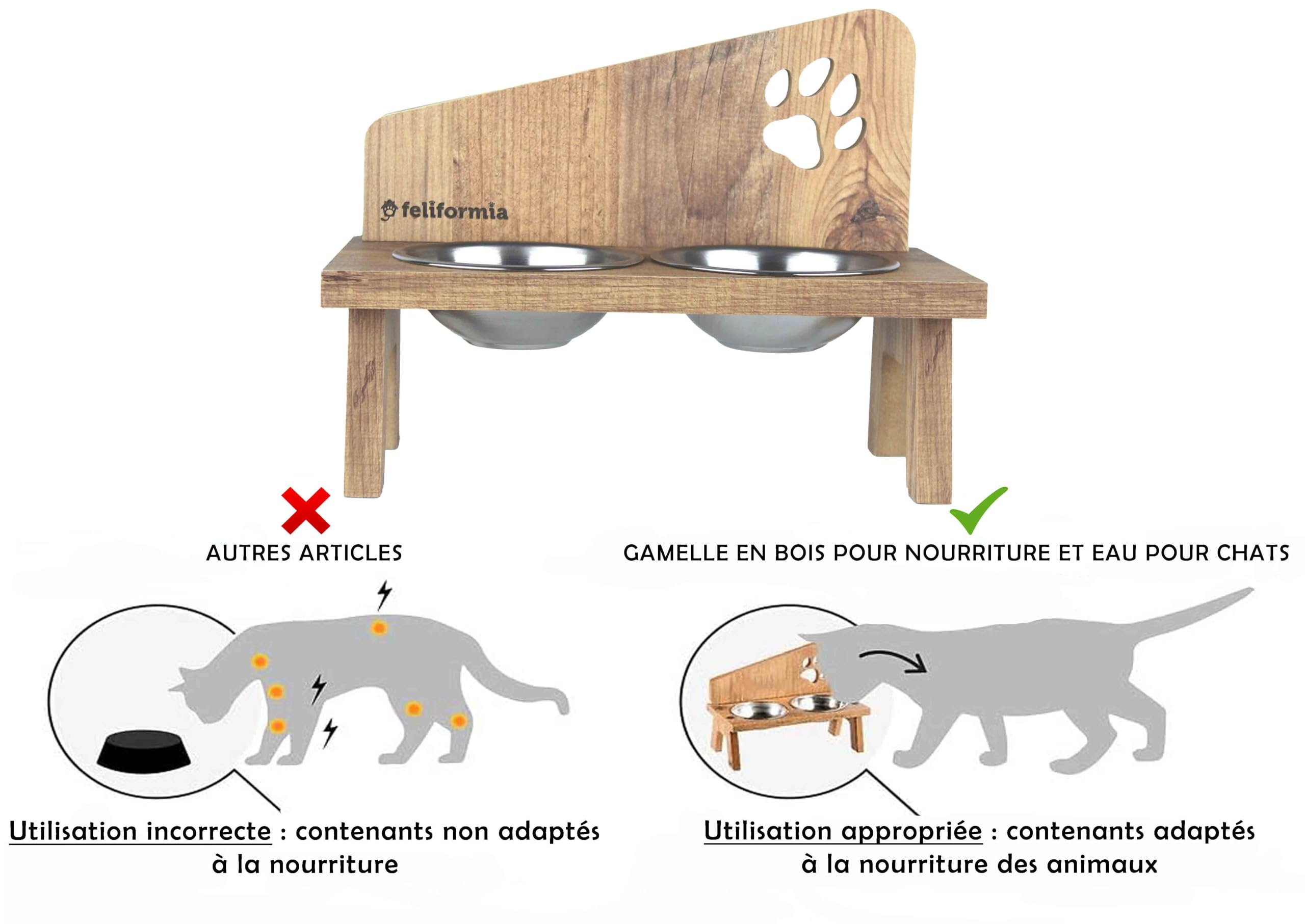Feliformia® Gamelle pour Chat 600ml Support en Bois avec Deux Bols Surélevée en Acier Inoxydable