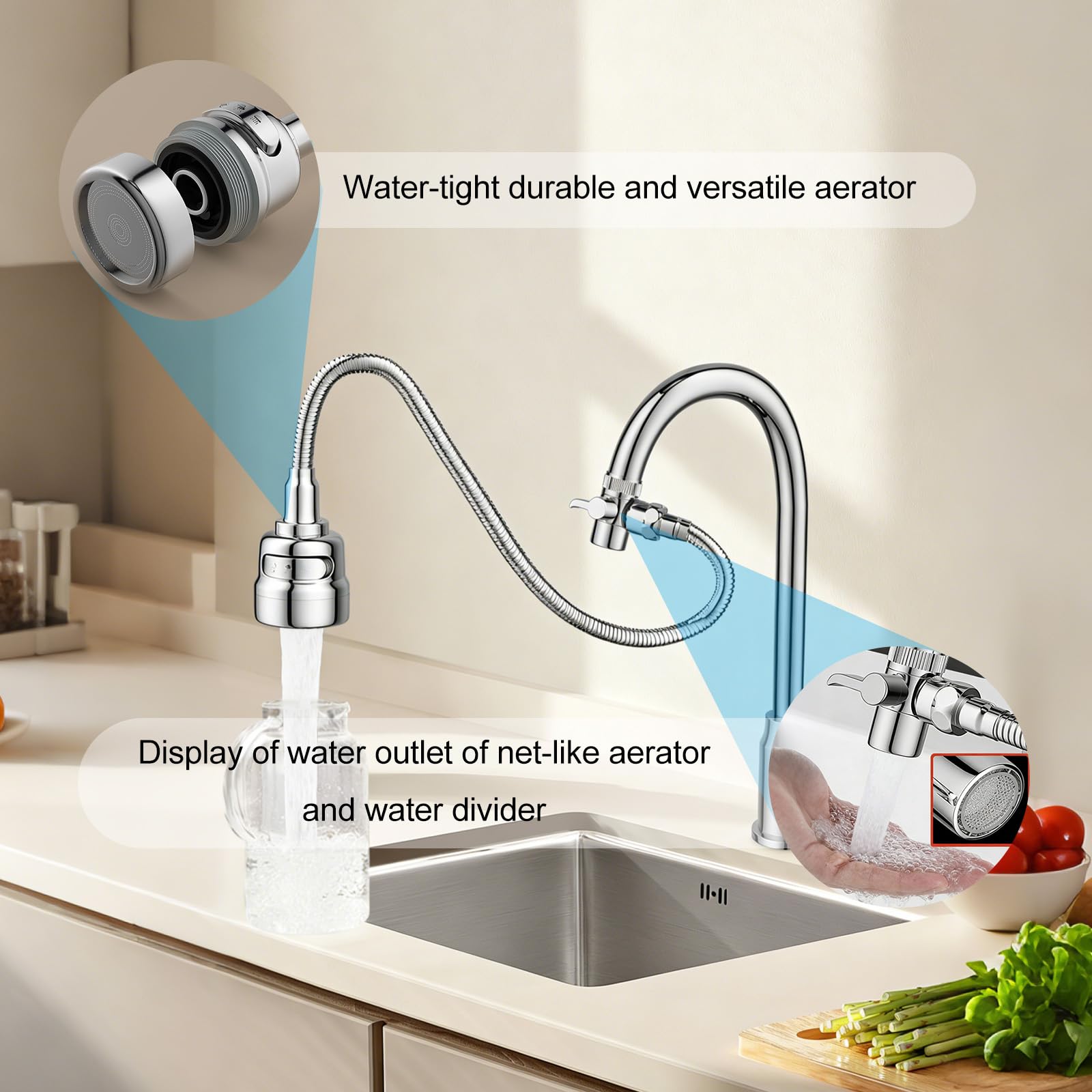 Prolunga Rubinetto Cucina, Aeratore Rubinetto Bagno, Ugello Per Rubinetto, Rotazione A 360 Gradi, Tubo Direzionale Lungo 35 Cm + Distributore + Adattatore