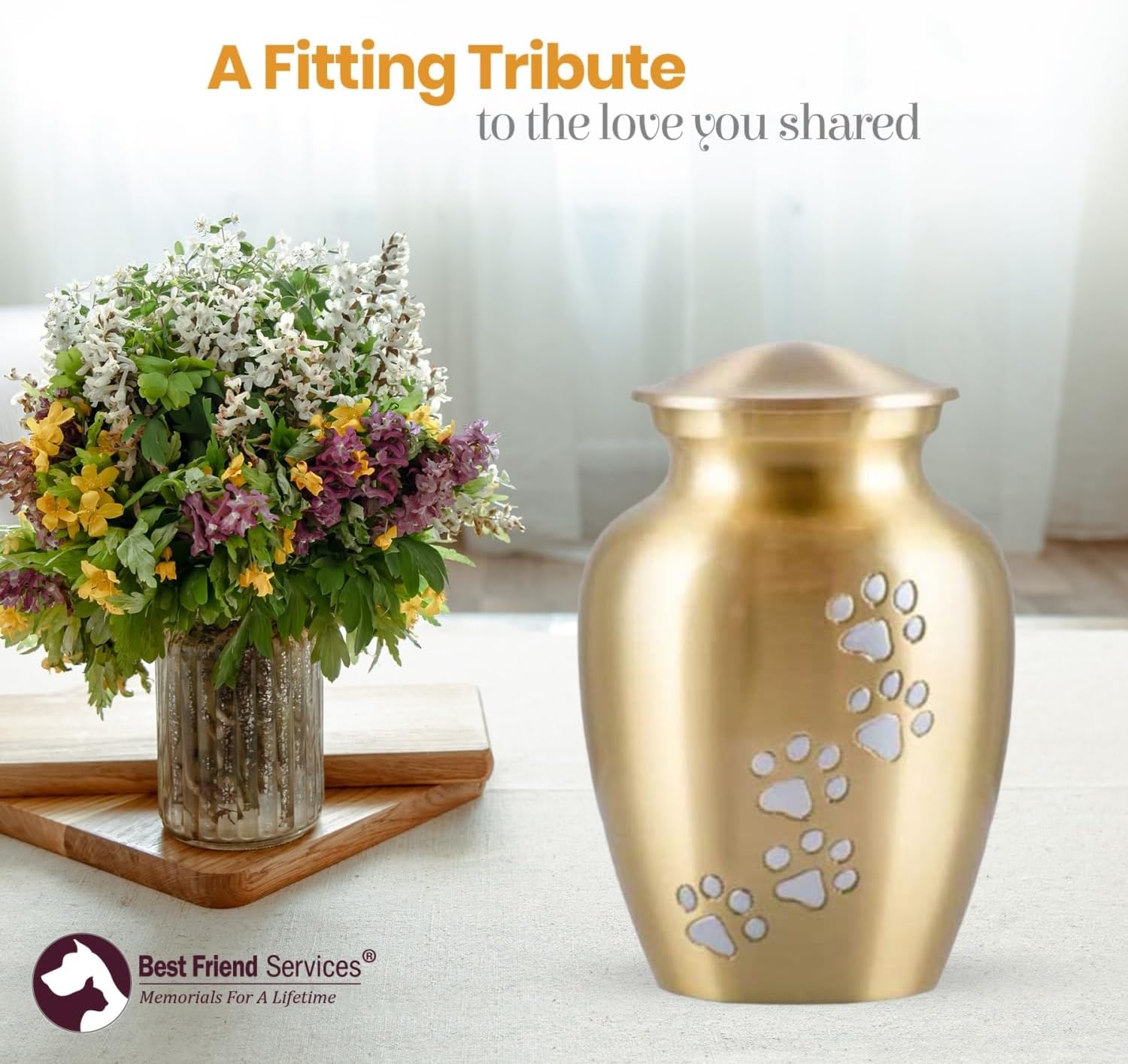 Ottillie Paws Legacy Series Pet Urn for Dogs, Handmade Brass Memorial Cremation Urn (Large - Pets up to 115 lbs, Brass, Vertical Pewter Paws)