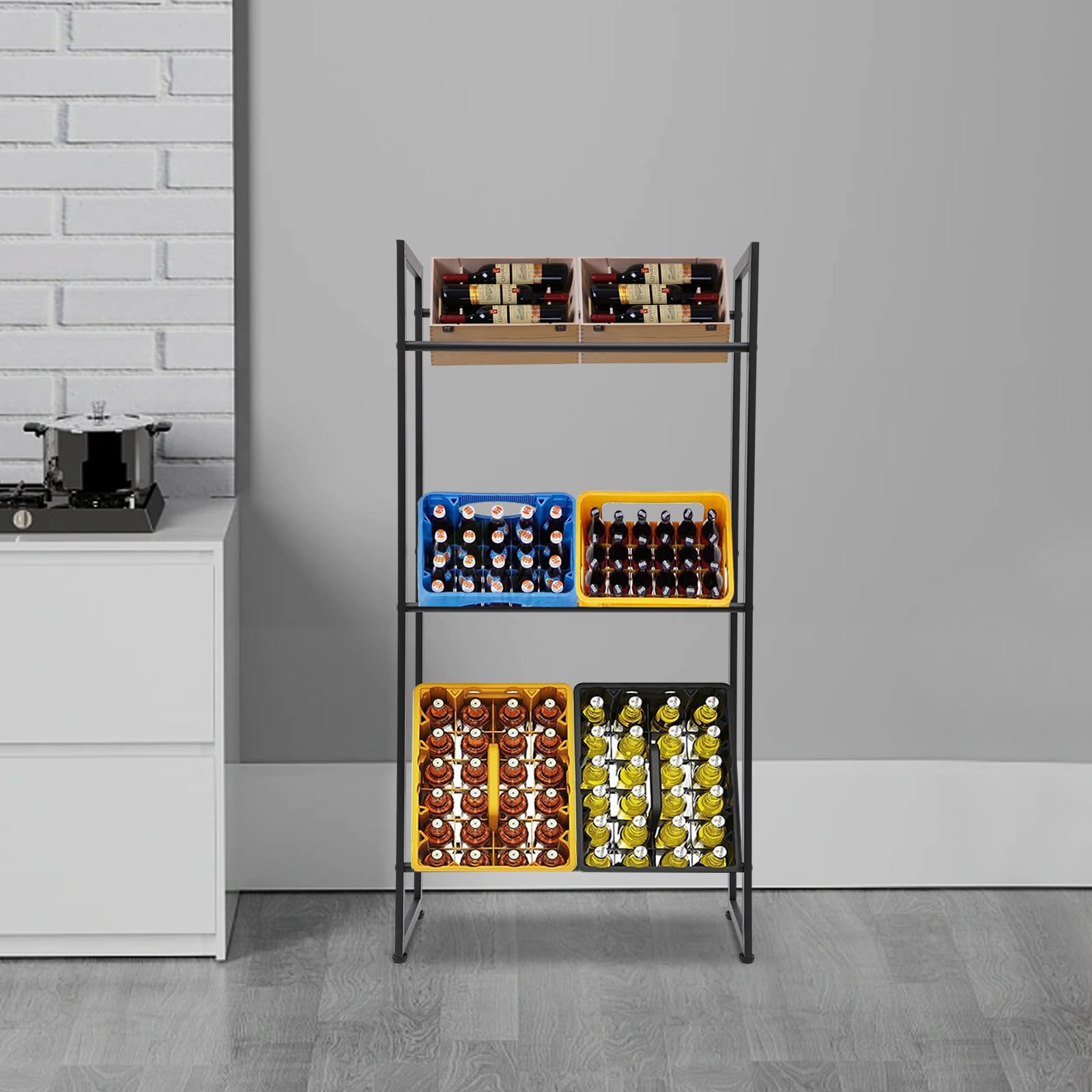 Estantería para cajas de bebidas, 3 niveles, soporte para cajas de bebidas, estante rectangular para organizar bebidas, latas, frutas, cerveza