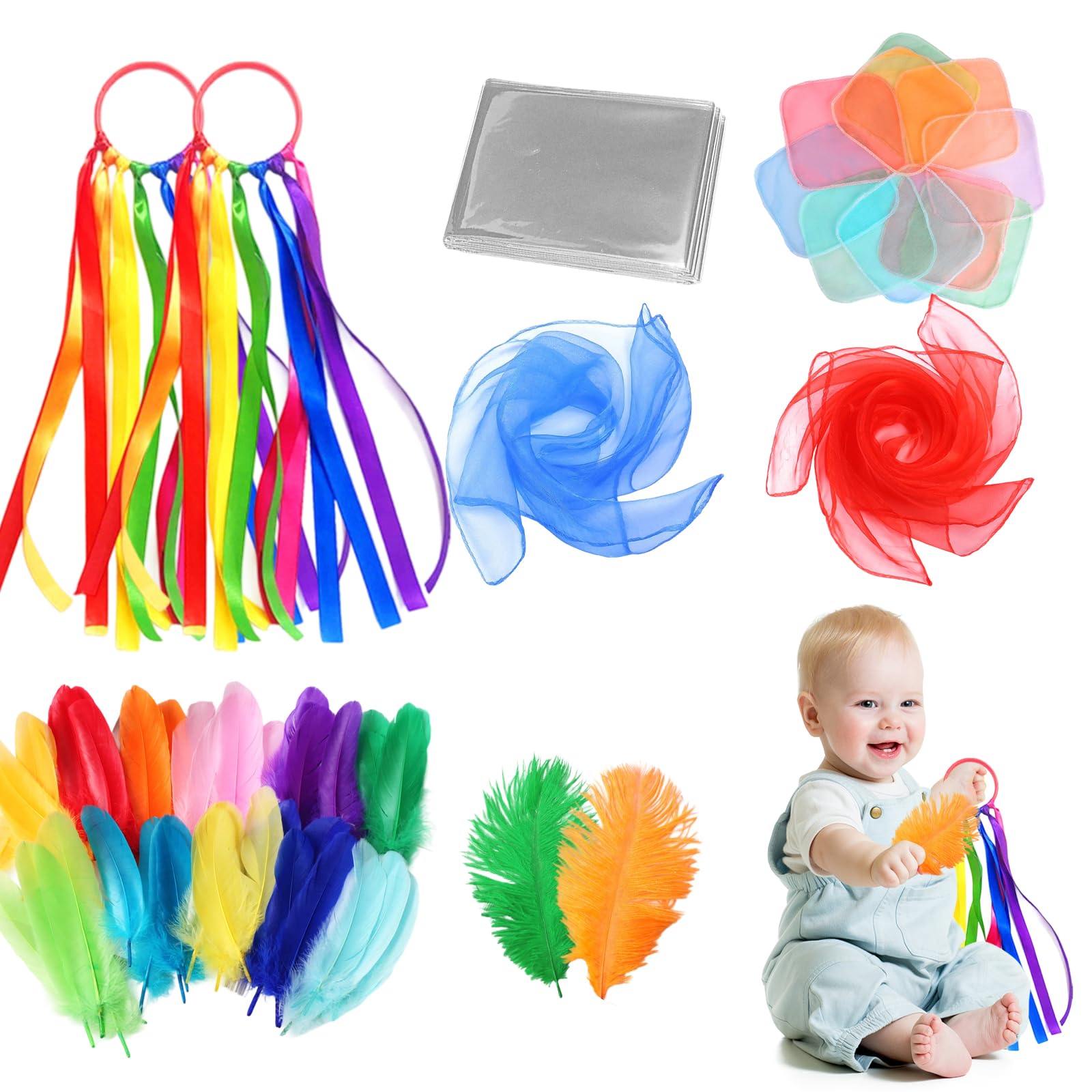 30Pcs Baby Sensory Toys Set, Montessori Sensory Toys for Newborns & Infants, Includes Feathers, Ribbons, Crinkle Silver Foil & Soft Scarves, Early Learning & Tactile Stimulation Toys for 0-12 Months