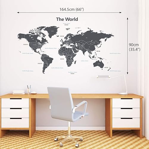 Miniatura 3 de DECOWALL DLT-1609G - Calcomanías de pared para niños, diseño moderno de mapa del mundo gris, calcomanías de pared extraíbles para niños, guardería,