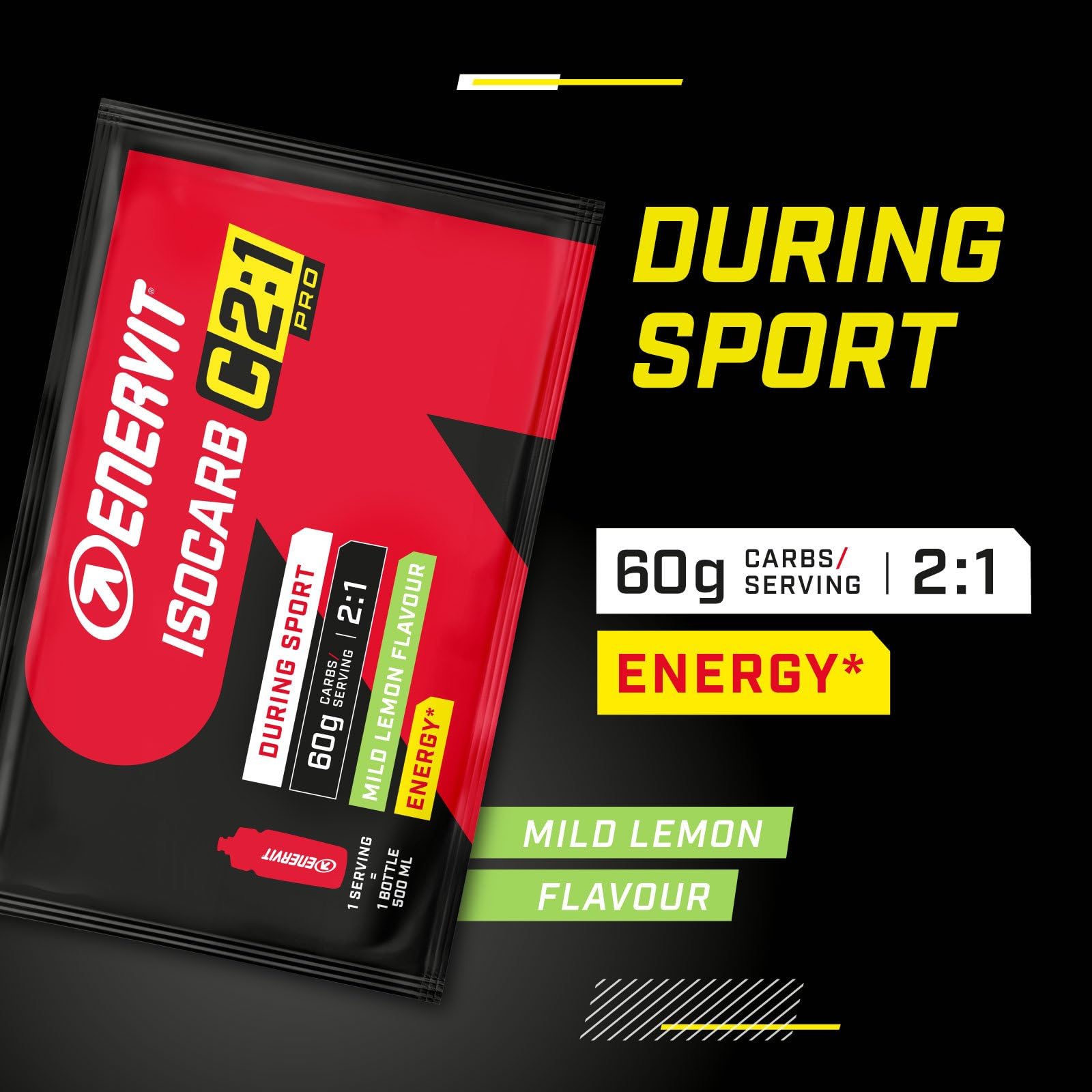 Enervit, Isocarb C2:1PRO, Bevanda Energetica Isotonica con 60g di Carboidrati per Porzione, Gusto Limone, Per Attività di Lunga Durata ad Alta Intensità, Alta Digeribilità, Vegan, 20 Buste da 65g