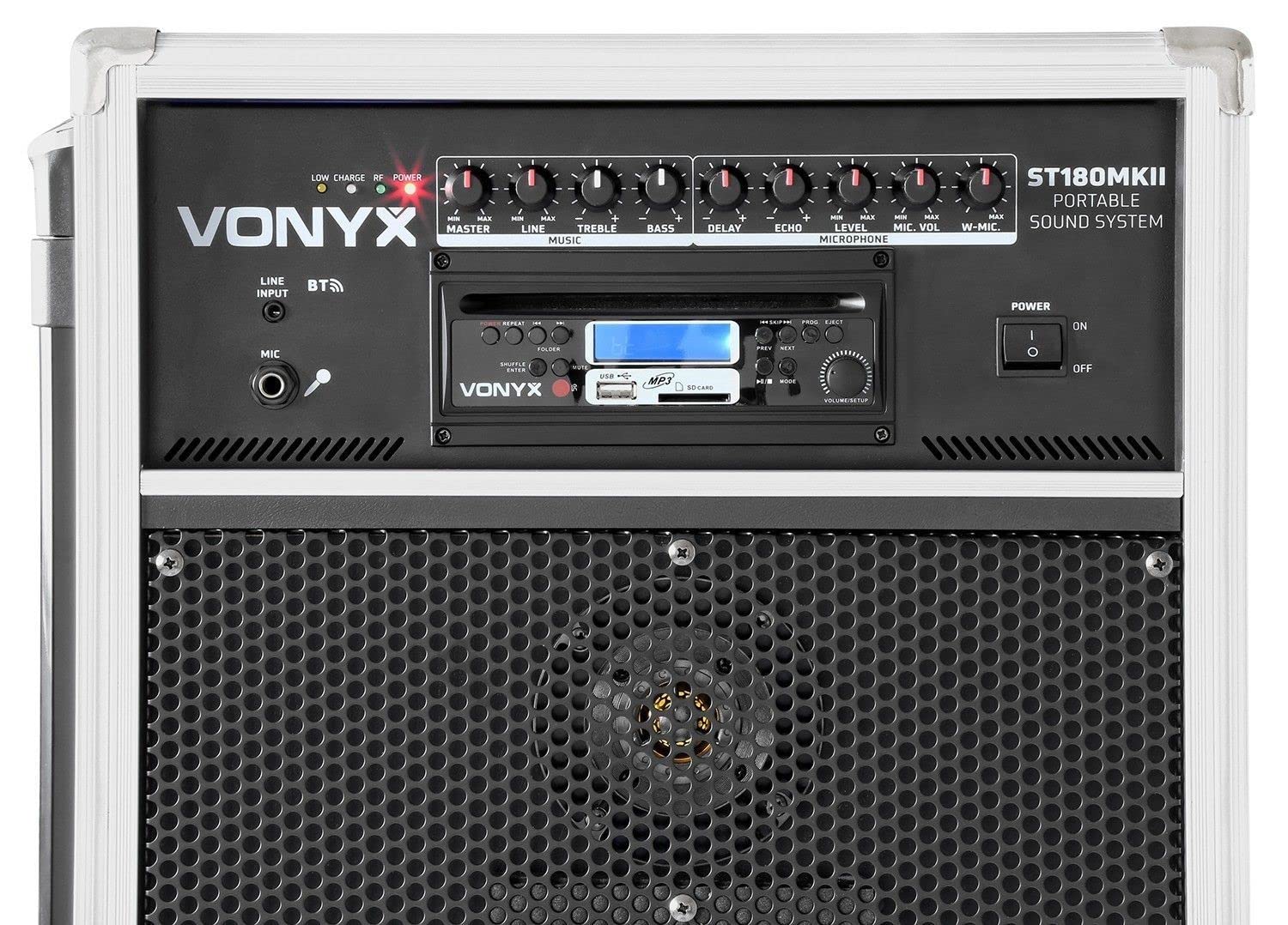 Vonyx ST180 Système Sono Portable 12" Bluetooth/CD/MP3, Enceinte Active 12", Puissance 450W, Deux Micros Main UHF sans-Fil et Un Micro Filaire, Batterie Intégrée
