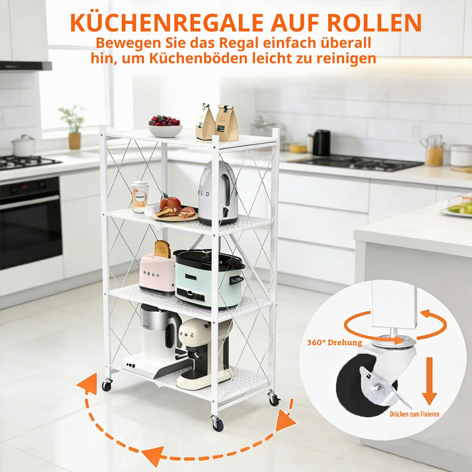4 Etagen Klappregal mit Rollen, Metallregal,Weiß