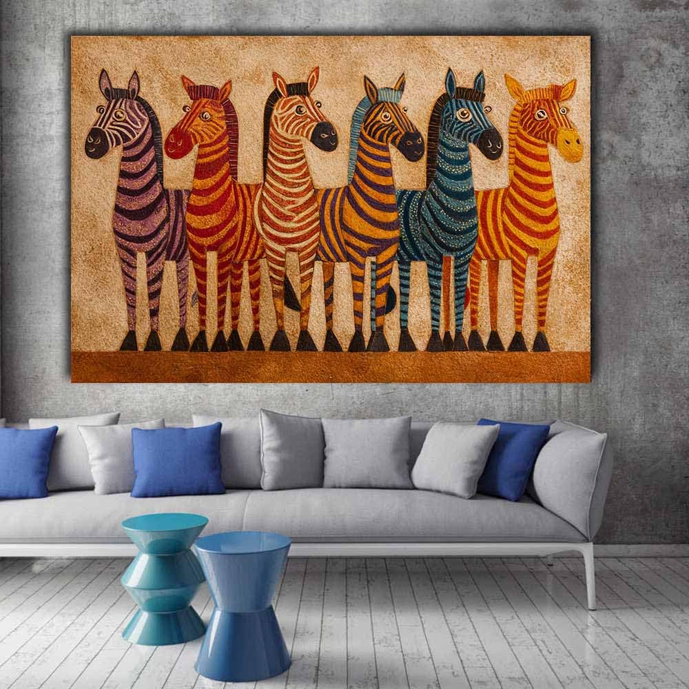 WUFIEA Ogólny abstrakcyjny obraz na płótnie kolorowa zebra do salonu sypialni biura dekoracja (khaki125) - 60 x 90 cm oprawiony
