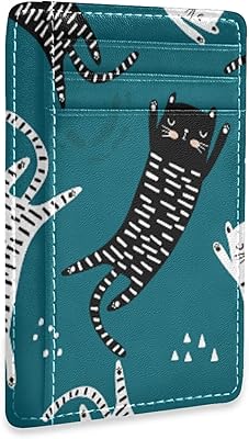 Funny Black White Cats Seamless on Dark Turquoise Slim Minimalist Wallet, Front Pocket RFID Blocking Leather Credit Card Holder, Case Protector Covers for Men Women