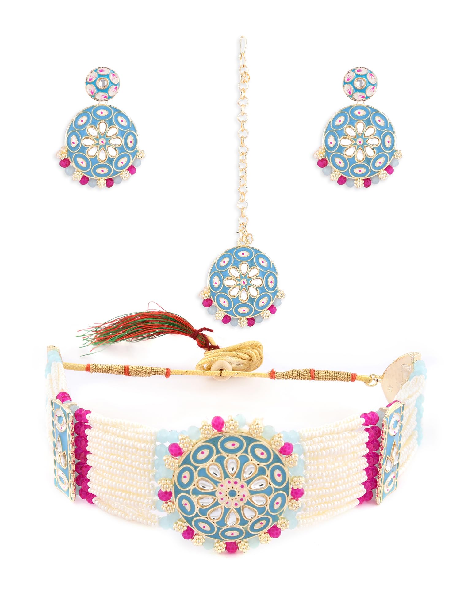 ZAVERI PEARLS Turquoise Blue Meenakari & Pink Crystals Multistrand Kundan Choker Necklace Earring & Maangtikka Set For Women-ZPFK14721 (B0BDG7WV2P) Amazon Price History, Amazon Price Tracker