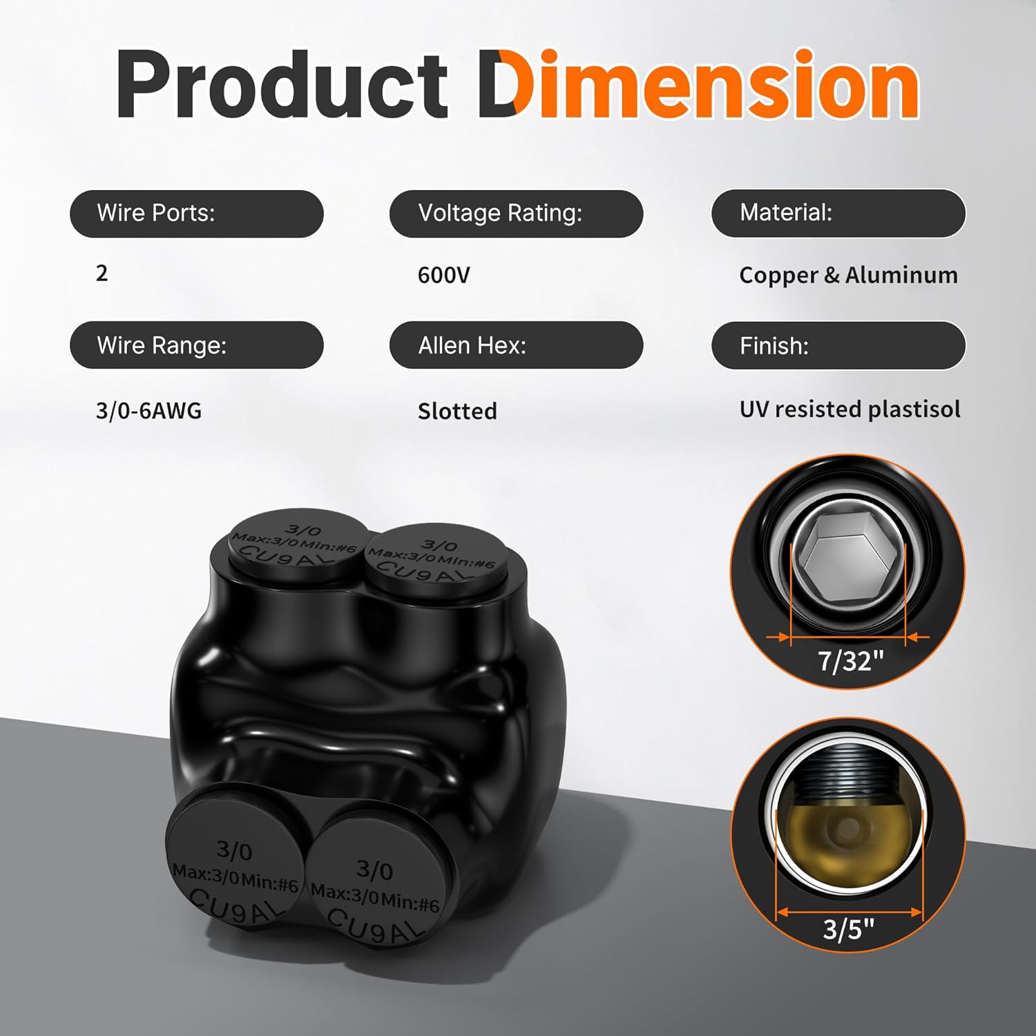 Joinfworld 2 Port Insulated Multi Tap Connector 3/0‑6 Gauge + 250MCM-6 Gauge Wire Connectors Aluminum to Copper Wire Connectors - 12Pcs
