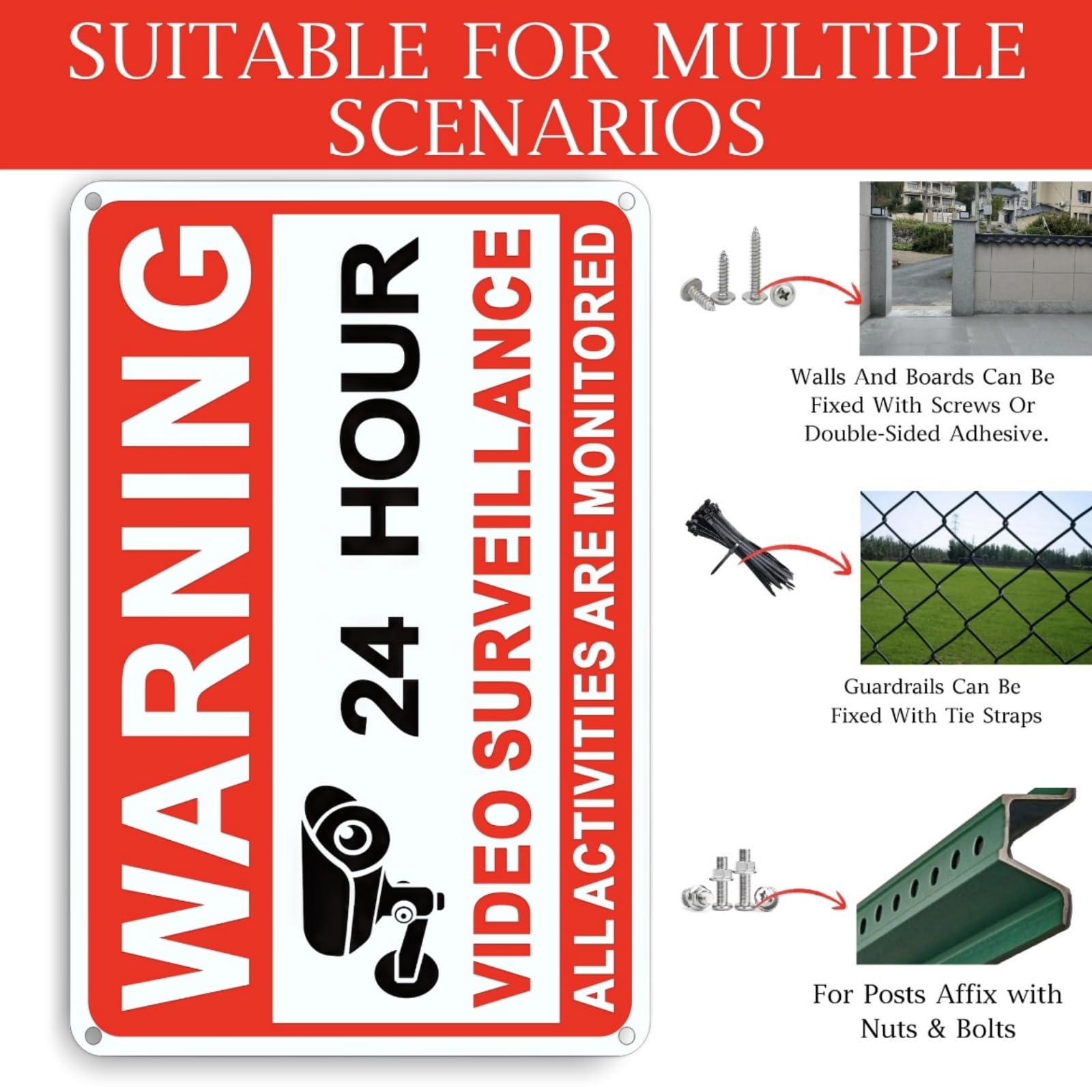 Paquete de 4 letreros de videovigilancia de 12 x 8 pulgadas, señal de cámara de seguridad, de aluminio libre de óxido, para exteriores, señal de vigilancia de 24 horas, con material reflectante,