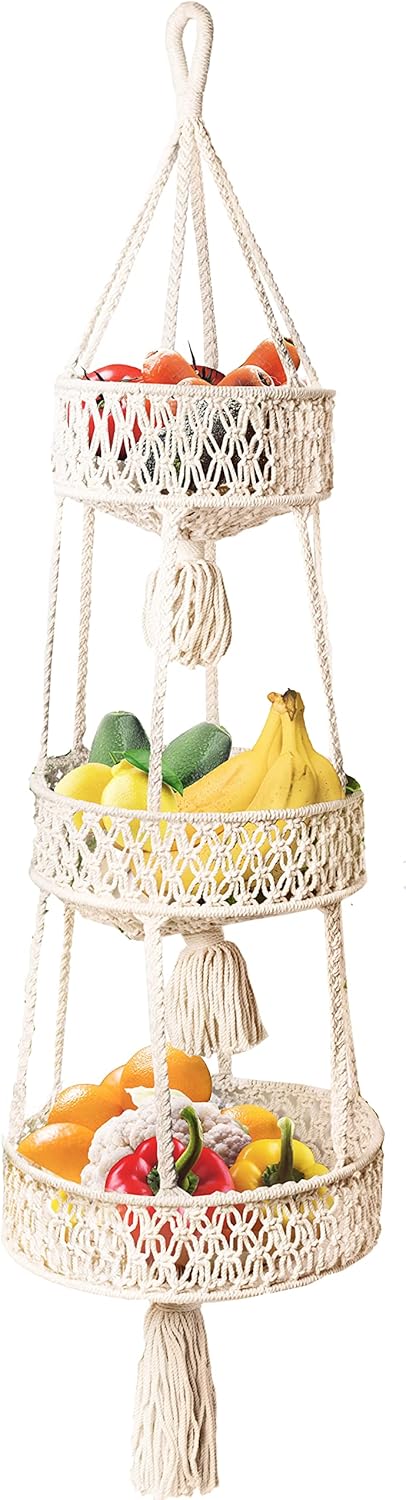 Livalaya Large Macrame 3 Tier Hanging Fruit Basket, Hanging Basket Organizer for Vegetable Rope Boho Decor Woven Storage for Craft Room, Bathroom, Bedroom, or Kitchen Organization Storage, US Brand 3-tier