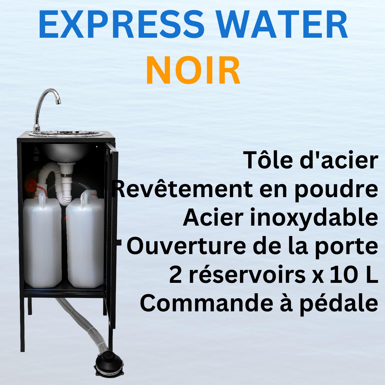 Express Water Basic Noir, Lavabo Portable Autonome Transportable, avec Réservoir d'Eau, en Acier Inoxydable, avec Commande à Pédale, Certifié, pour Magasins et Cabinets Médicaux