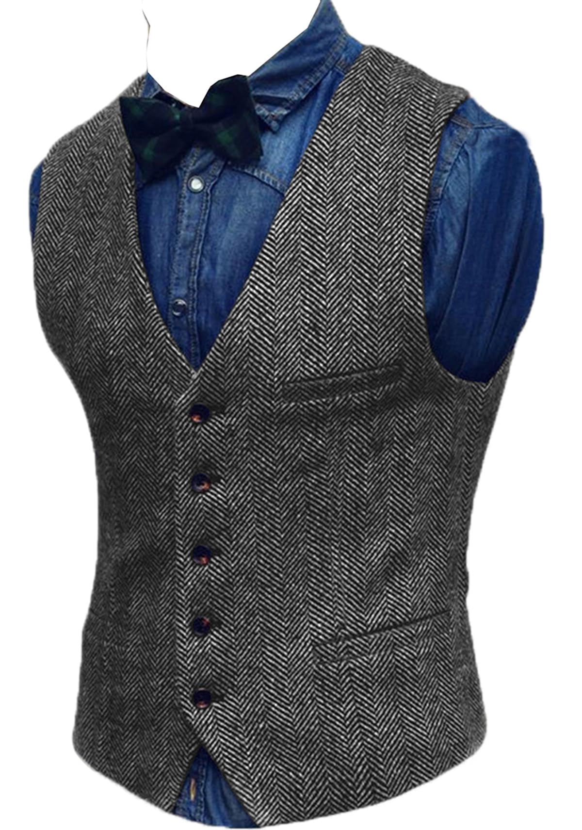 Yiaisafa Men's Grey Waistcoat Herringbone Retro Tweed Waistcoats For Waistcoats Suit Vest Vintage Wedding Wool Tuxedo(,Xxxl)