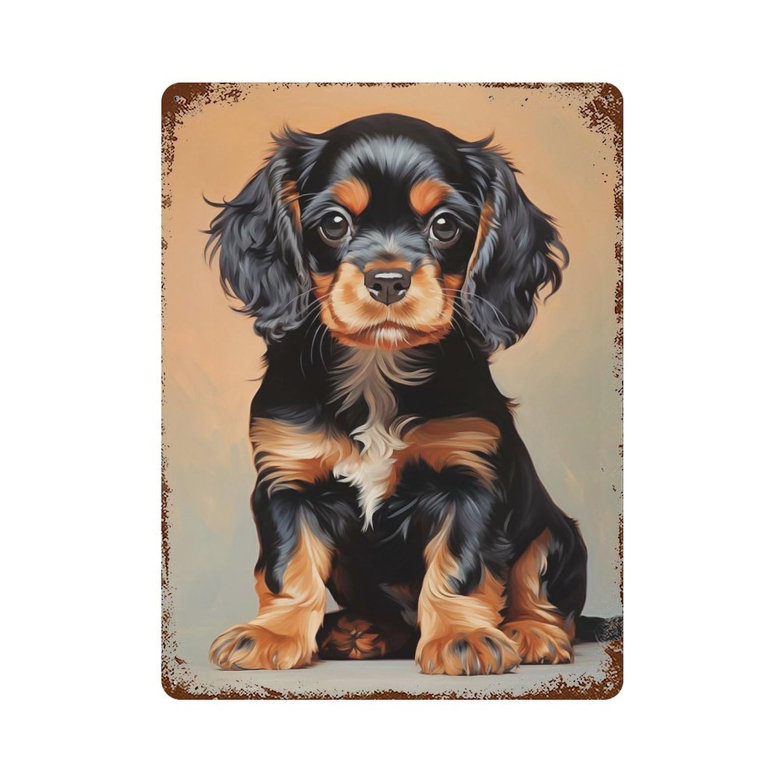 Black And Tan Cavalier King Charles Spaniel Puppy Aged Metal Wall Plaque 15.7"x11.8", Farmhouse Wall Decor for Office, Studio And Wall Decor