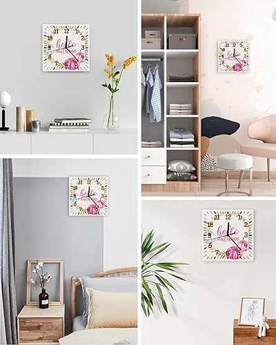 Miniatura 4 de Thanksgiving Wooden Wall Clock Silent Non Ticking, Pink Pumpkin Fall Leaves Wreath Hello Autumn Square Wall Clock Battery Operated, Decor Clock for