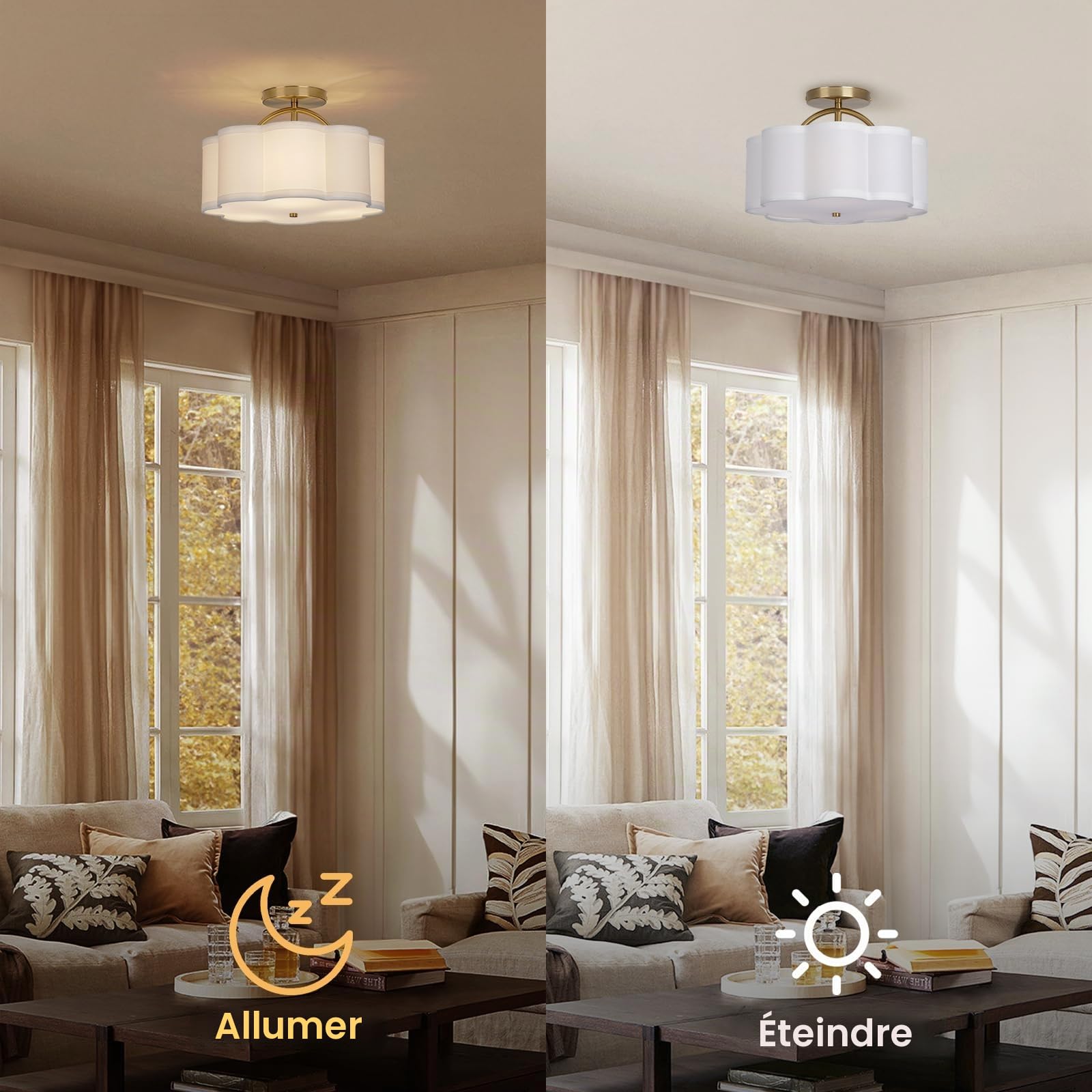 CALOKES Plafonnier à 3 lampes, Ø30 cm, avec abat-jour en tissu crème en forme de fleur et bras doré – pour chambre, cuisine, salon, couloir et entrée.