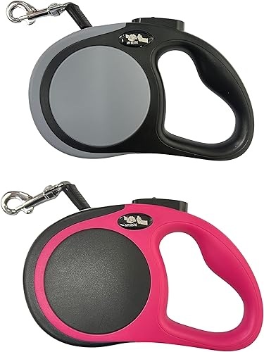 My Bestie - Paquete de 2 correas para perro de 16 pies, color gris y rosa, correa retráctil para mascotas con mango antideslizante sin enredos de