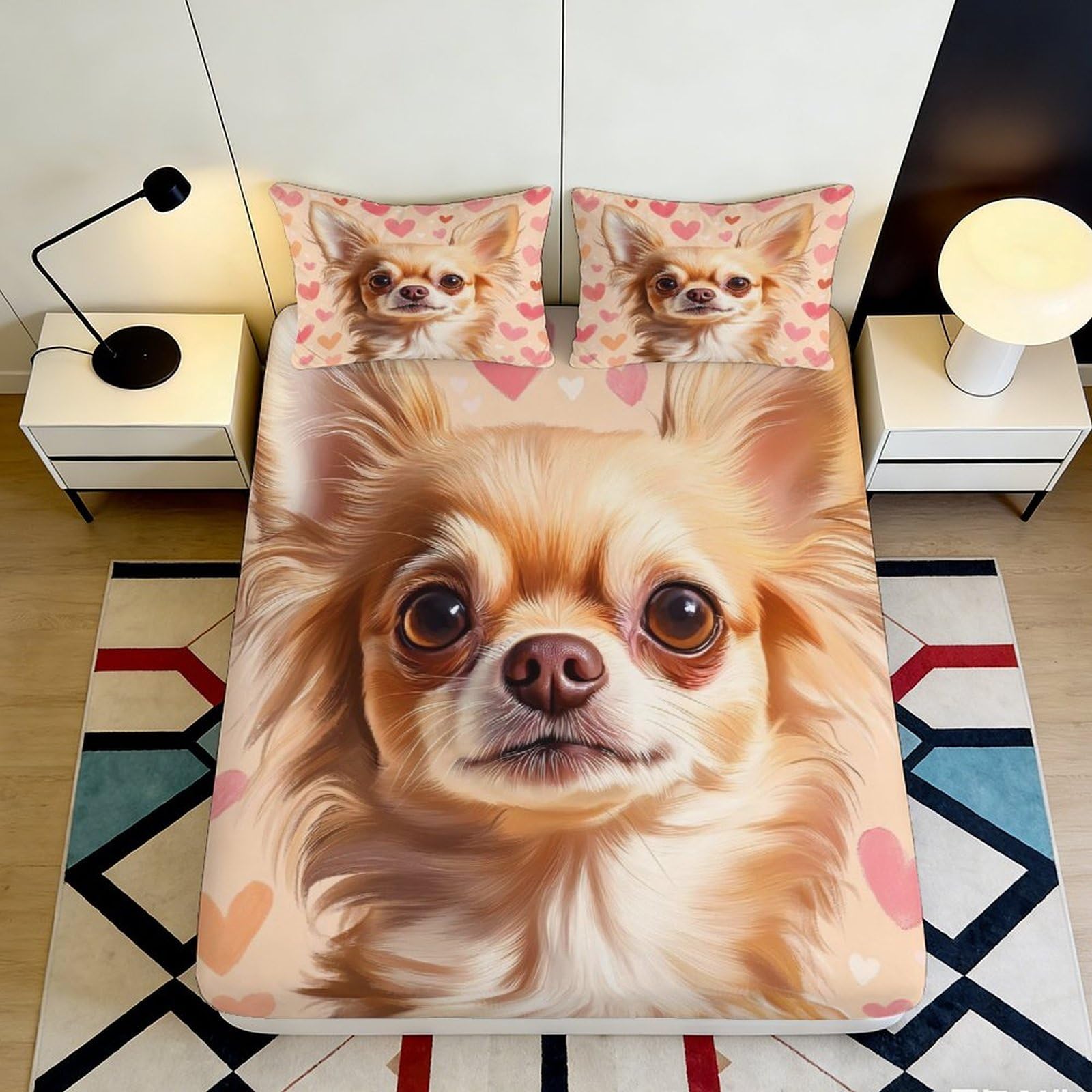 Pnayamiorkfel Style-8 3D Printed Chihuahua Dog Fitted Sheet Microfiber Pink Heart Bed Cover Non-Slip Easy Care For Bedroom Guest Room Decor 90X200x25cm
