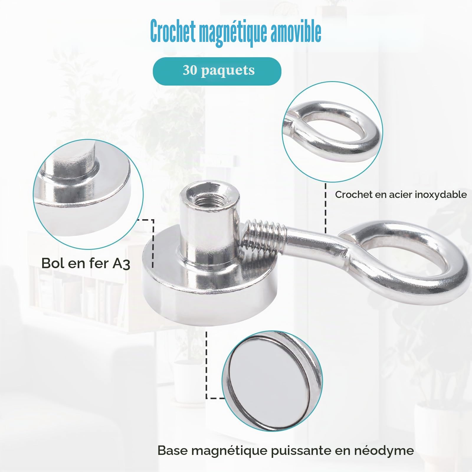 MIN CI 30 Crochets Magnétiques Extra Puissants de 16 mm Néodyme - Force de Traction 8 kg - Aimant à œillets Avec Crochet - Support Magnétique Rond Pour Camping Garage Cuisine Bureau