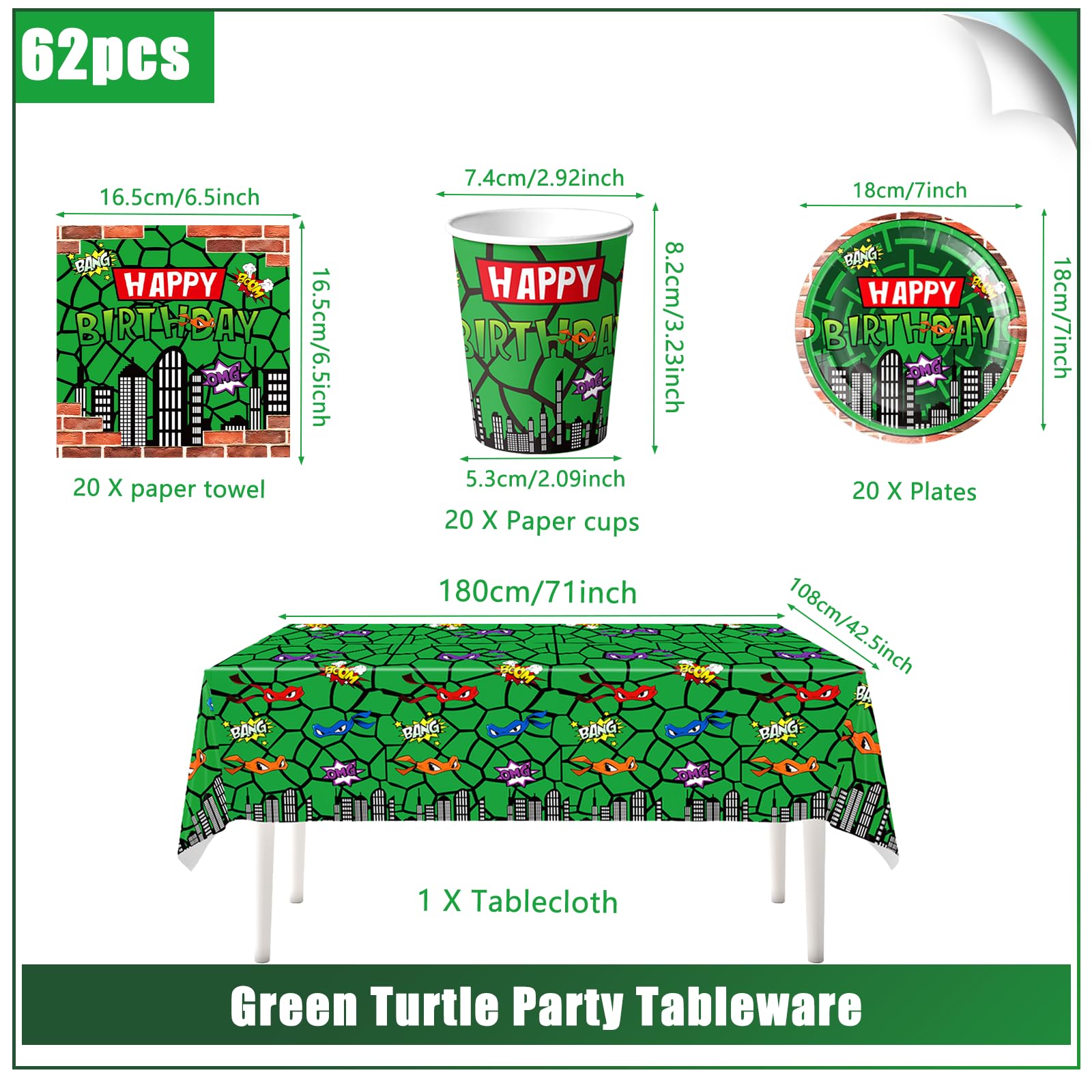 61 pezzi Set di stoviglie per feste di compleanno per bambini Green Turtle, festa di compleanno per bambini Superhero Turtle Shell, tazze, piatti, tovaglioli, tovaglia, adatto per 20 ospiti