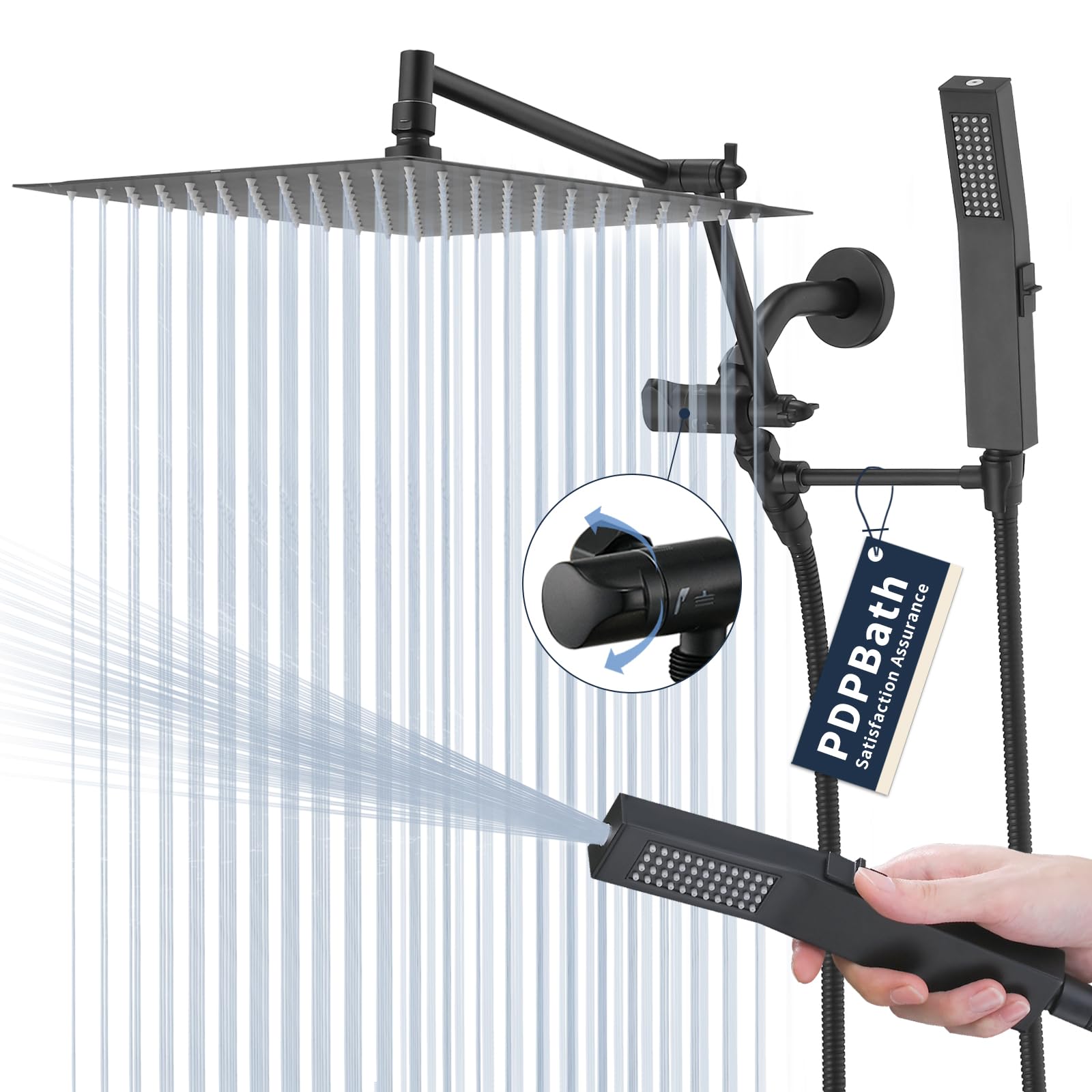PDPBath Całkowicie metalowa słuchawka prysznicowa ze strumieniem deszczowym z ręcznym opryskiwaczem 30,5 cm, z regulowanym 40 cm ramieniem przedłużającym w kształcie łuku, w zestawie