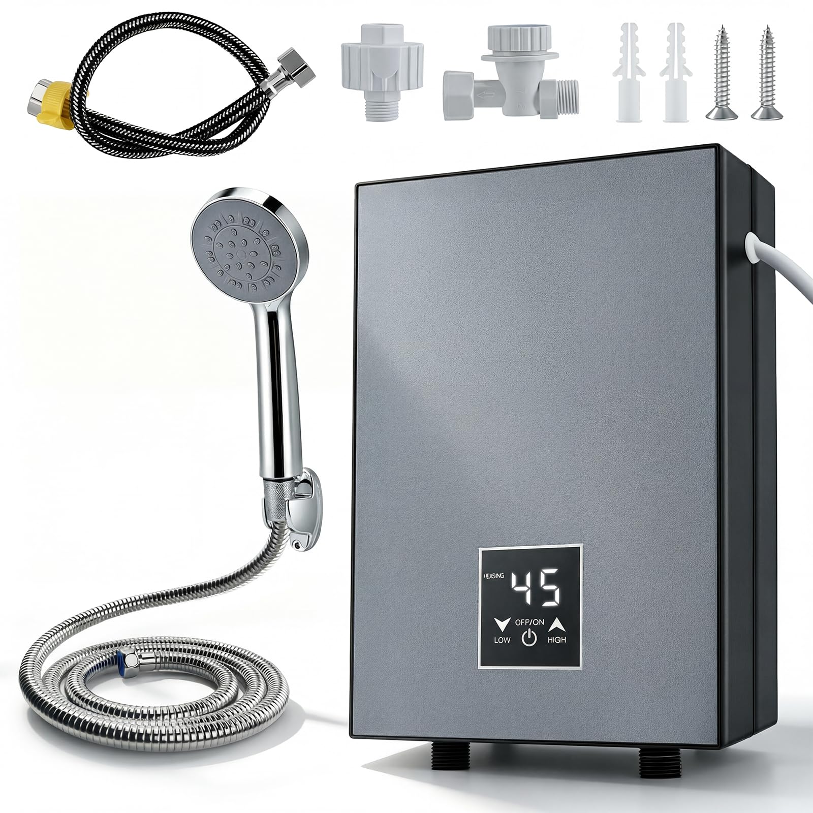 Scaldacqua istantaneo piccolo, 5500 W, 230 V, scaldabagno elettrico regolabile 30-55 °C, mini scaldabagno per cucina, bagno, IPX4, acqua calda istantanea, con sistema doccia (grigio)