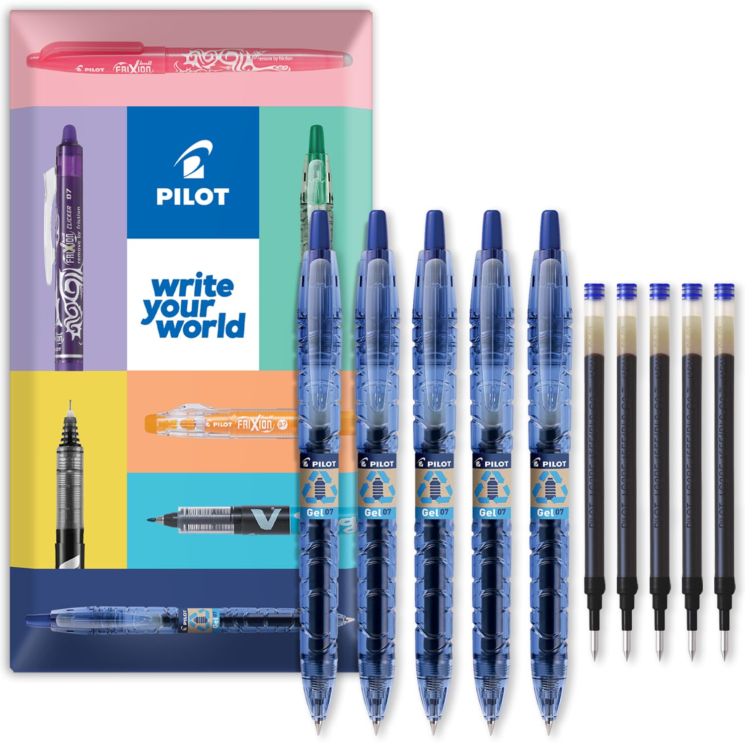 PILOT B2P Gel Roller Ball Pen - Begreen Range - 89% Recycled - Blue Ink - Pack of Pens + Refill Inks - In Envelope Gift Packaging (Pack of 5 + 5)