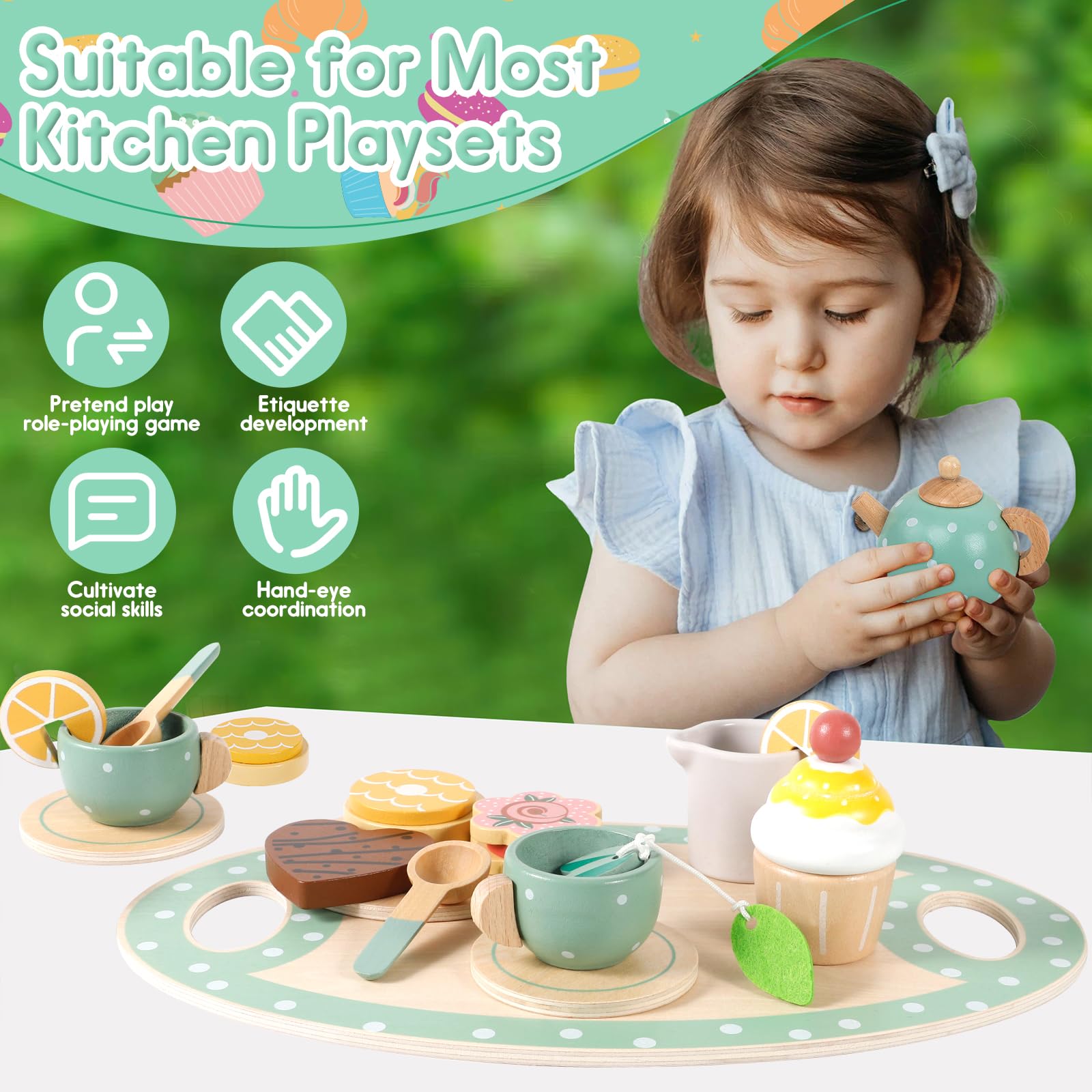 Set da Tè Giocattoli in Legno, 17Pcs Set da Tè per Bambini, Accessori Cucina Bambini, Set da Tè in Legno Gioco di Imitazione, Giocattoli in legno Regalo per Ragazzi Ragazze 3 4 5+ Anni