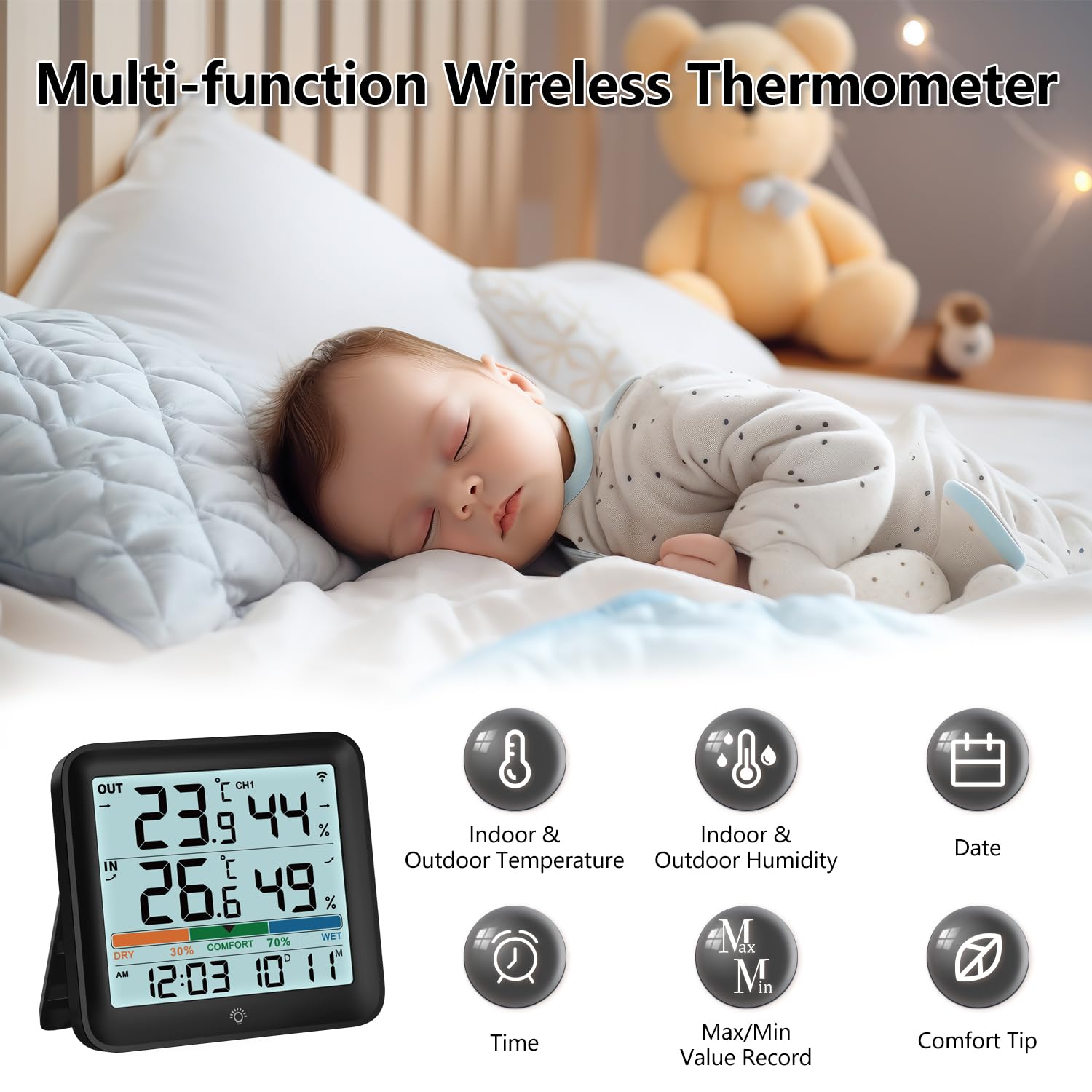 VOCOO Termometro per Interni ed Esterni Igrometro Monitor di Umidità Misuratore di Temperatura Digitale Stazioni Meteo con Retroilluminazione LCD Orologio Data Valore Min/Max Indicatore di Comfort