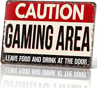 Caution Gaming Area Leave Food And Drink At The Door Metal Sign 8 x 12 Inch | Game Room & Man Cave & Bedroom & Home Entertainment Zone Wall Decor, Gift for Gamers & Gaming Enthusiasts