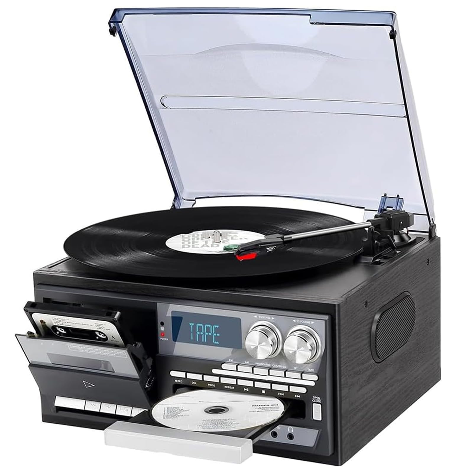 Giradischi multi-velocità con Bluetooth, cassetta, lettore CD, altoparlanti integrati, radio FM e USB per audio domestico