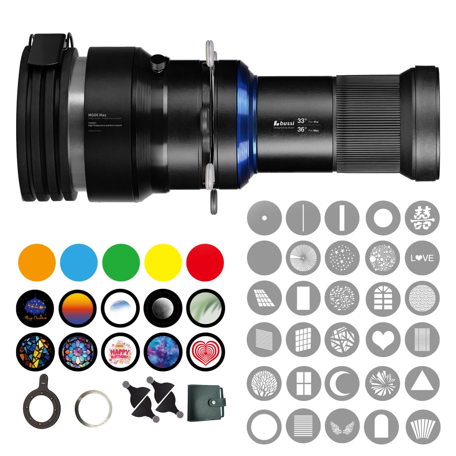 Bussi MG06 Max Optical Snoot kit with 40 Gobos, 36° Optical Lens Spotlight for Photography Video Shape Light Studio,GOBO Light (Compatible with