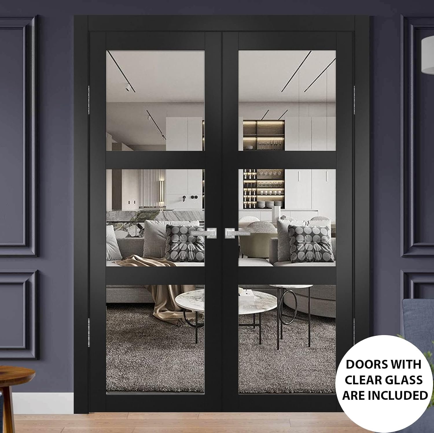 SARTODOORS Lucia 2555 | Double Swing Interior French Doors with Glass, Solid Wood, Hardware Included, 72x96, Black, Modern